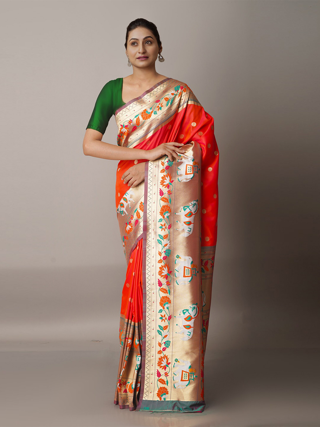 

Unnati Silks Red & Gold-Toned Woven Design Zari Silk Blend Paithani Saree