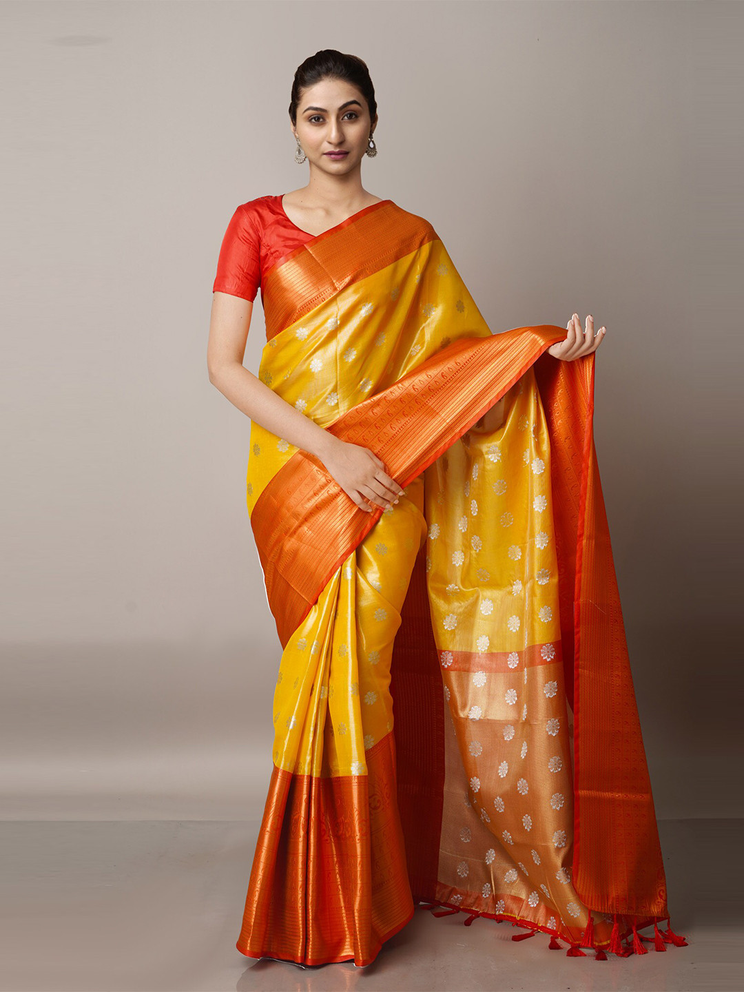 

Unnati Silks Yellow & Red Woven Design Zari Silk Blend Banarasi Saree