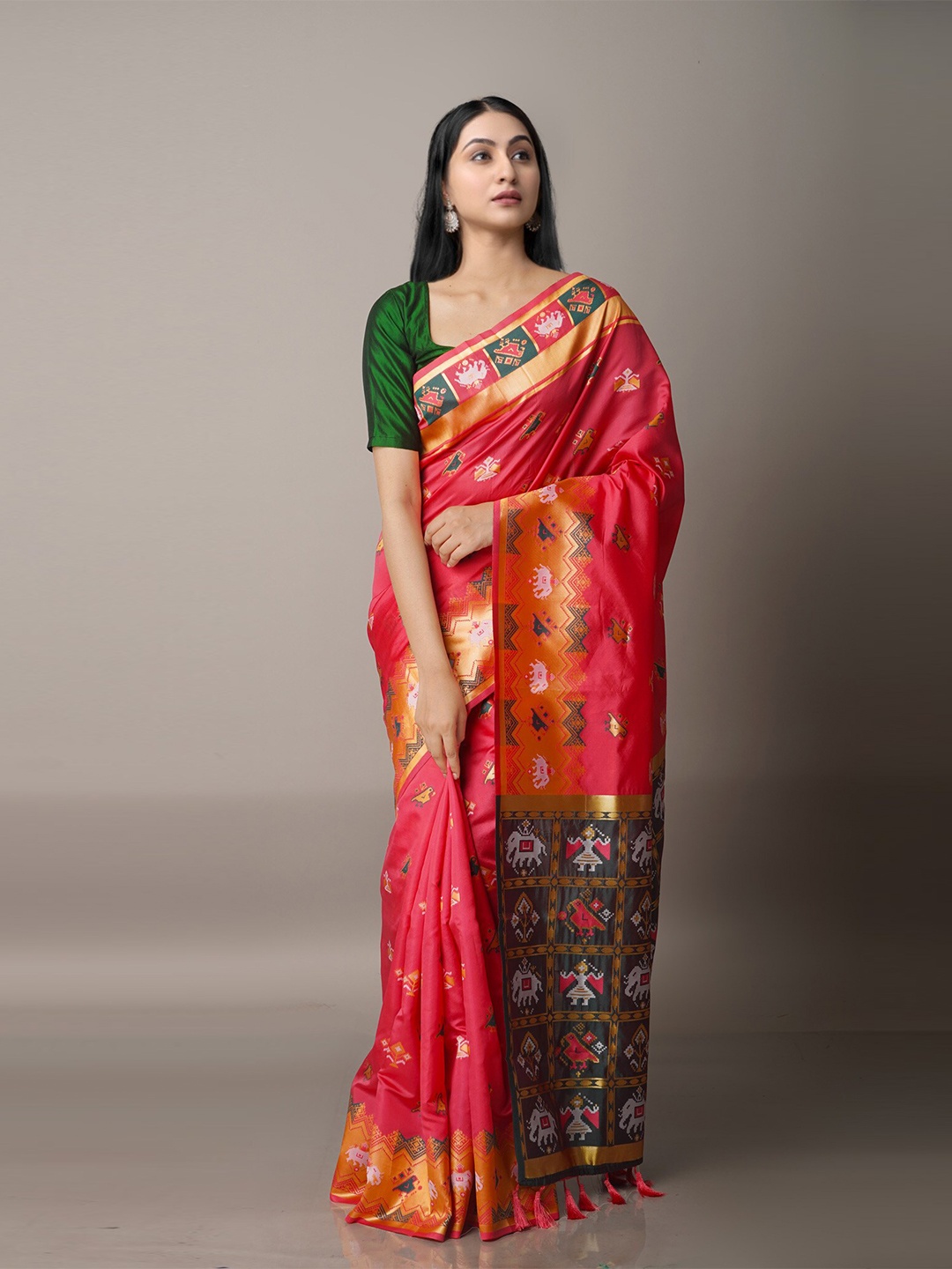 

Unnati Silks Pink & Green Woven Design Zari Paithani Saree