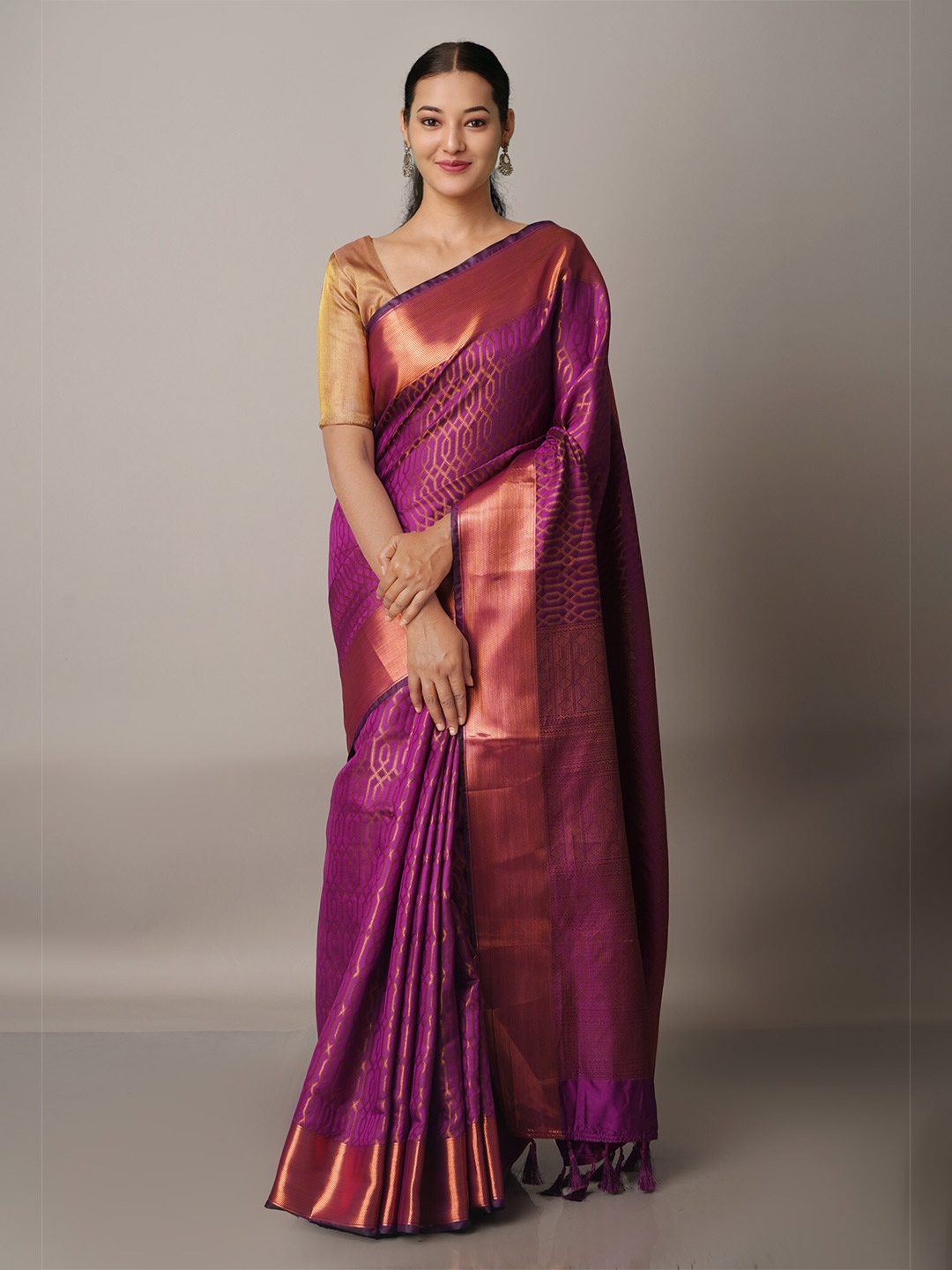 

Unnati Silks Purple & Copper-Toned Ethnic Motifs Zari Silk Blend Banarasi Saree