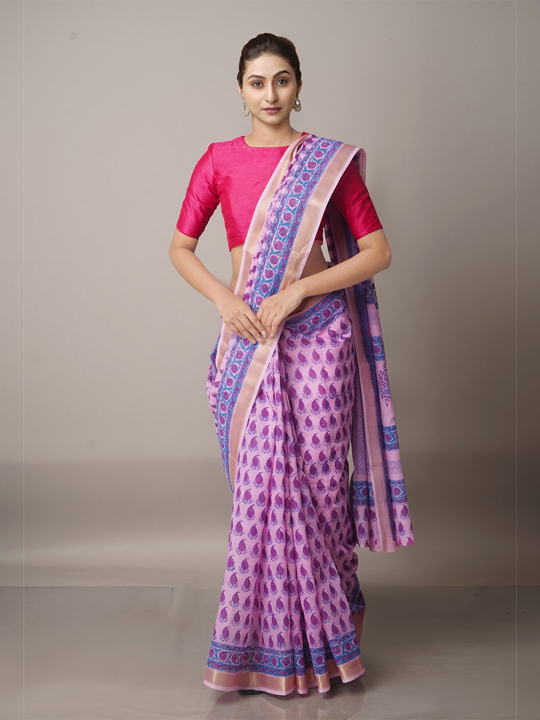 

Unnati Silks Pink & Blue Ethnic Motifs Zari Silk Cotton Chanderi Saree