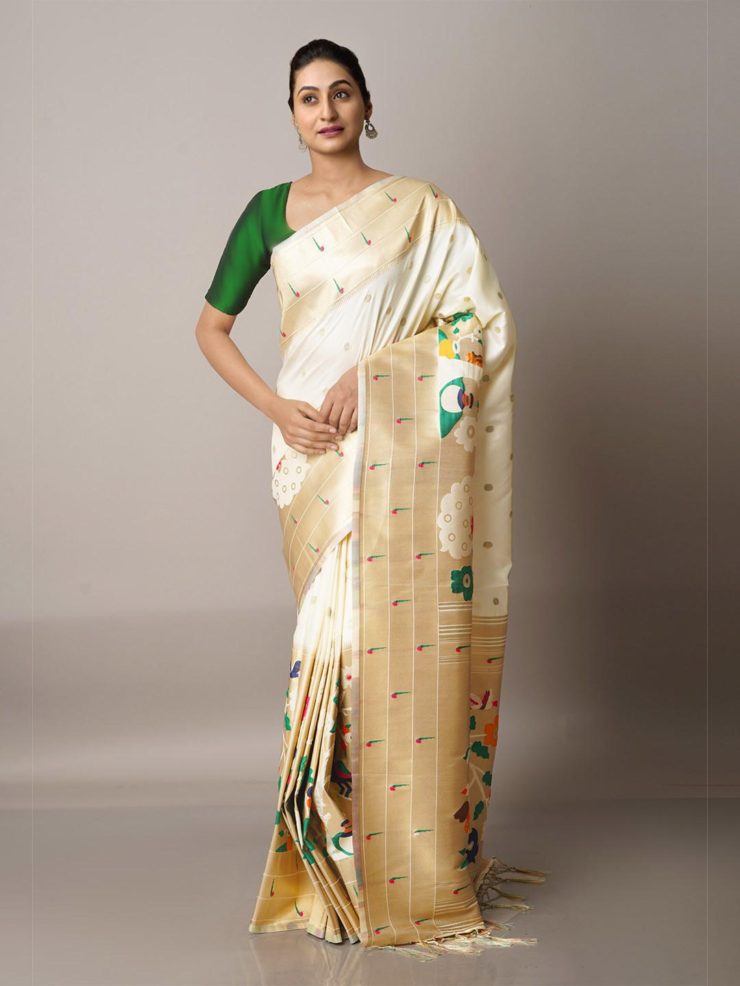 

Unnati Silks White & Green Ethnic Motifs Zari Silk Blend Paithani Saree