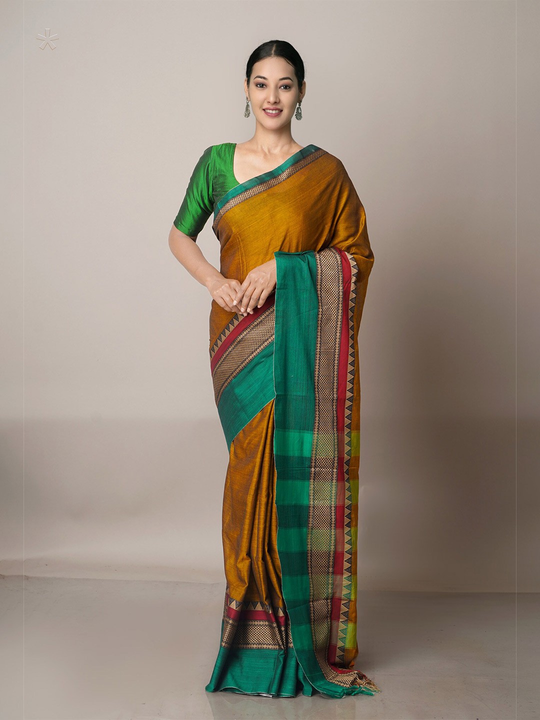 

Unnati Silks Mustard & Green Woven Design Zari Pure Cotton Narayan Peth Saree