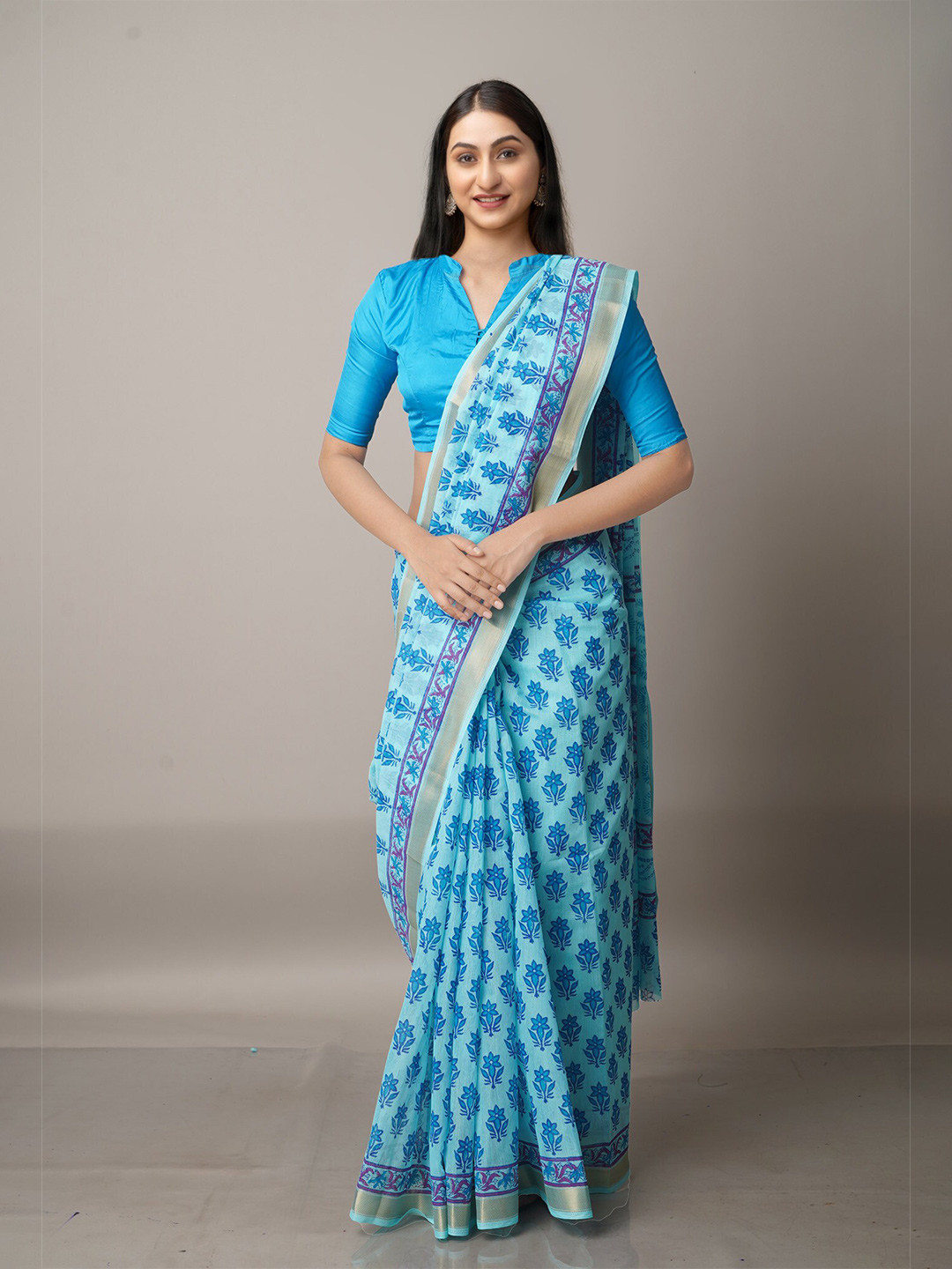 

Unnati Silks Blue Ethnic Motifs Zari Silk Cotton Chanderi Saree