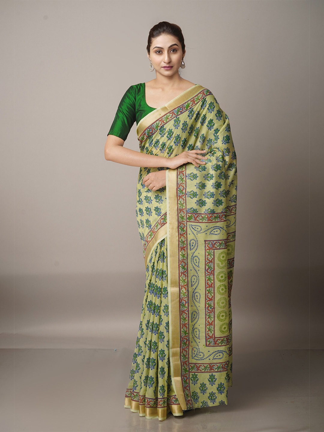 

Unnati Silks Green & Gold-Toned Ethnic Motifs Zari Silk Cotton Chanderi Saree