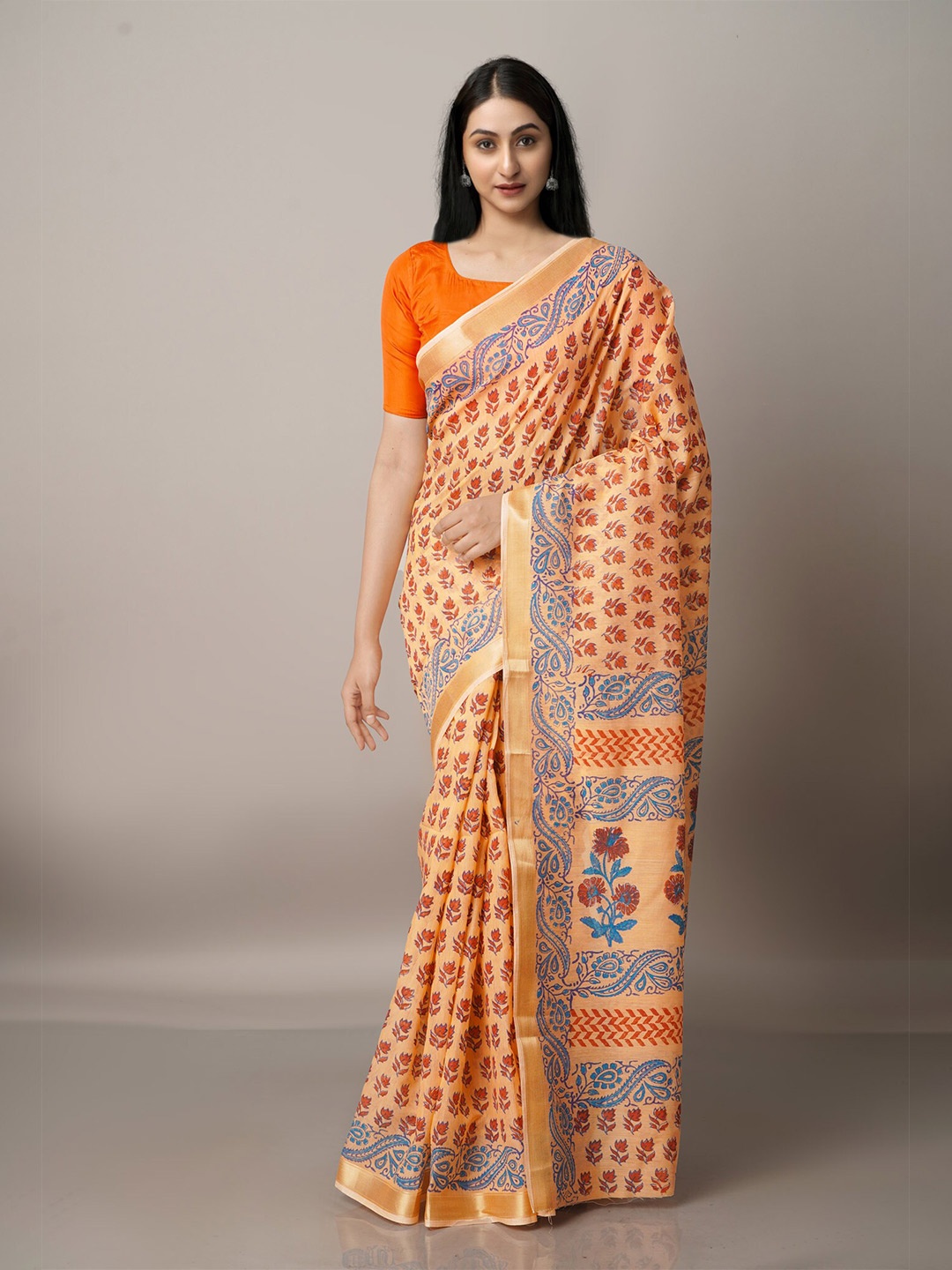 

Unnati Silks Orange & Red Ethnic Motifs Zari Silk Cotton Chanderi Saree