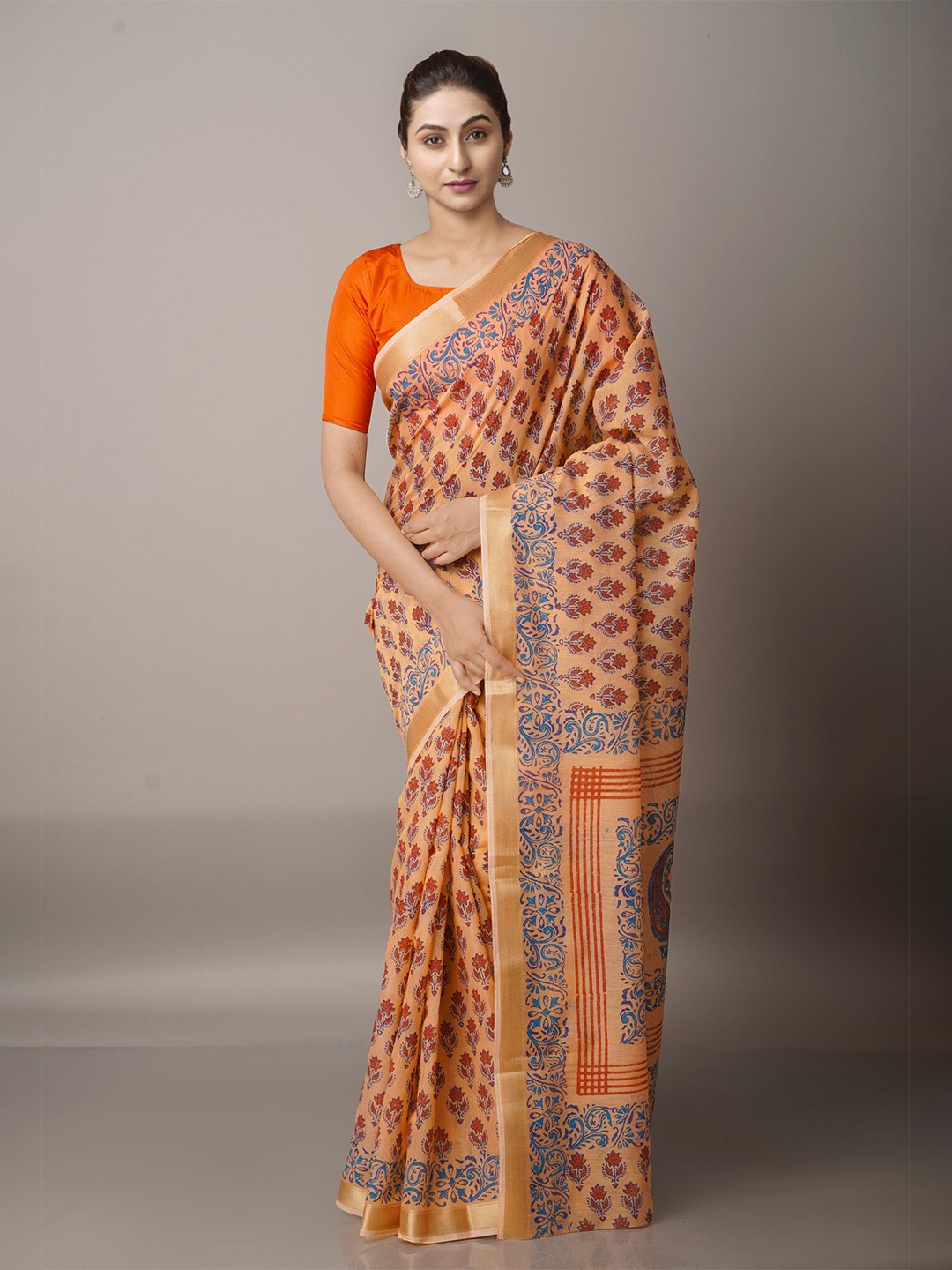 

Unnati Silks Orange & Brown Ethnic Motifs Zari Silk Cotton Chanderi Saree