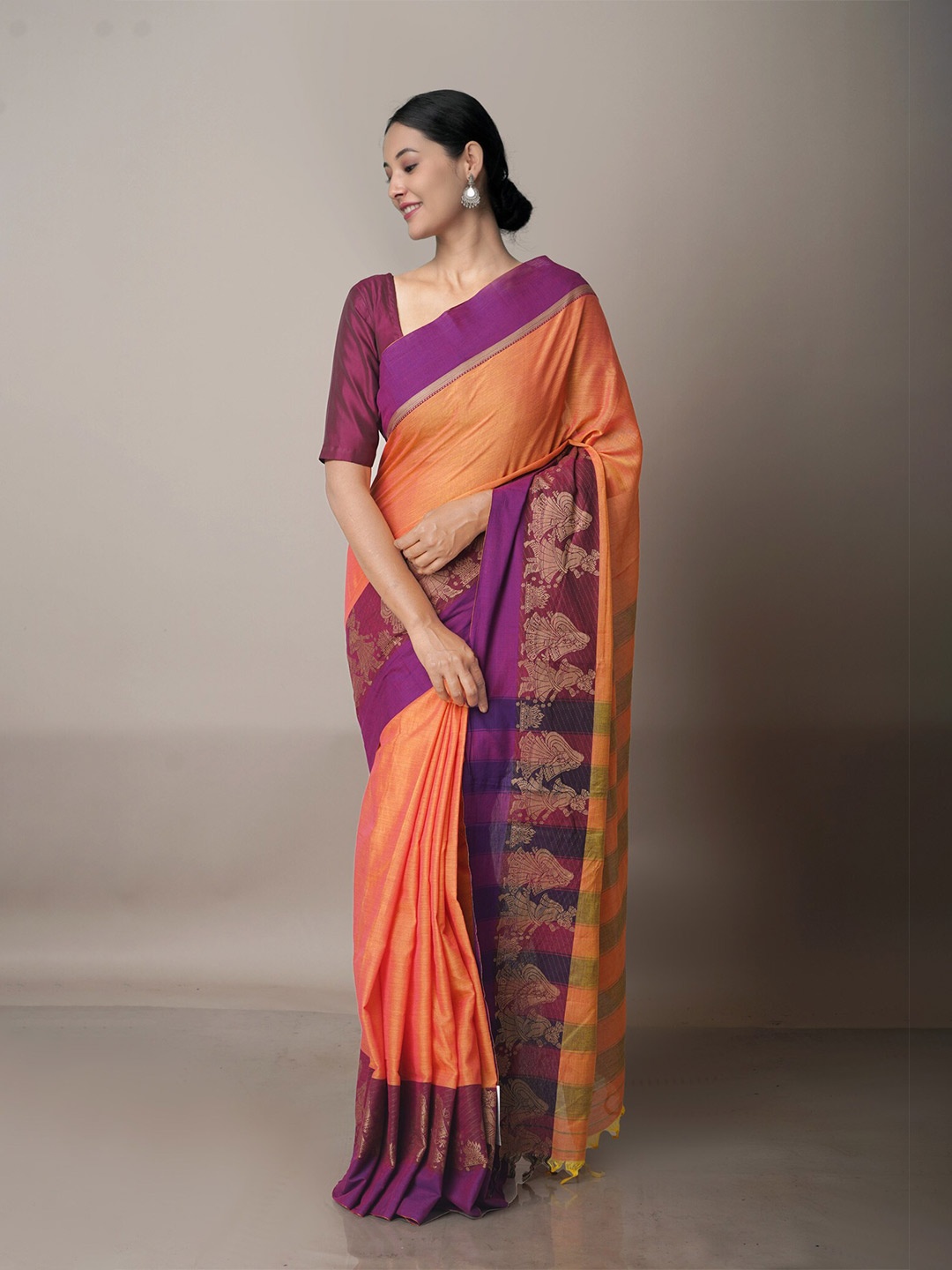 

Unnati Silks Orange & Purple Woven Design Zari Pure Cotton Narayan Peth Saree