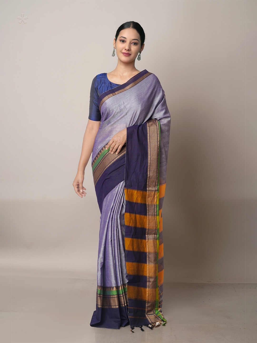 

Unnati Silks Grey & Yellow Woven Design Zari Pure Cotton Narayan Peth Saree