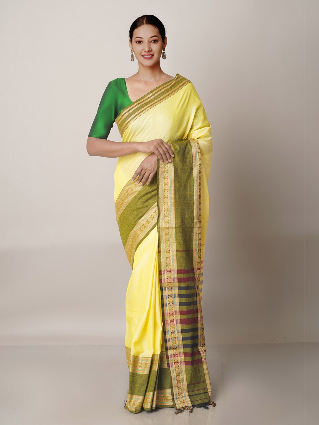 

Unnati Silks Yellow & Olive Green Woven Design Zari Pure Cotton Narayan Peth Saree