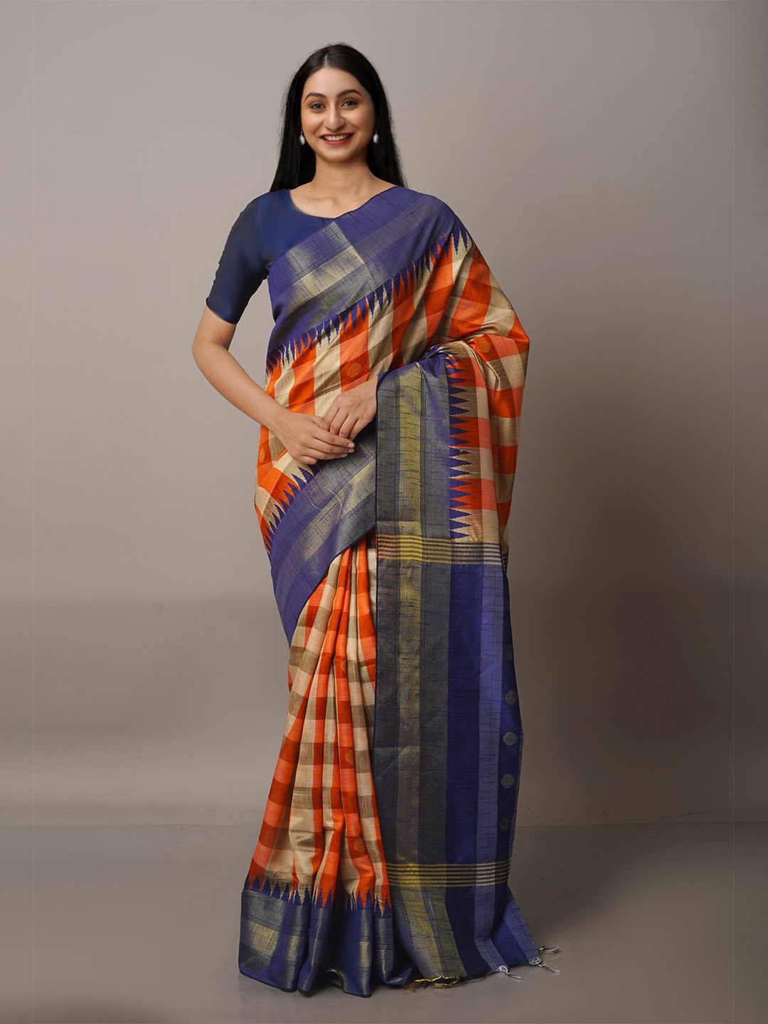 

Unnati Silks Orange & Blue Checked Zari Silk Blend Baluchari Saree