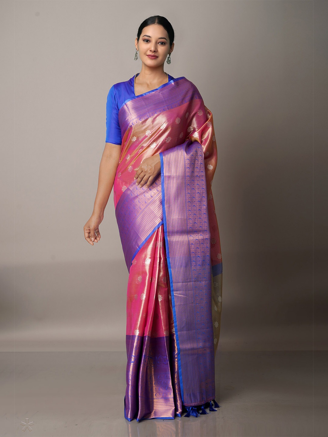 

Unnati Silks Pink & Purple Woven Design Zari Silk Blend Banarasi Saree