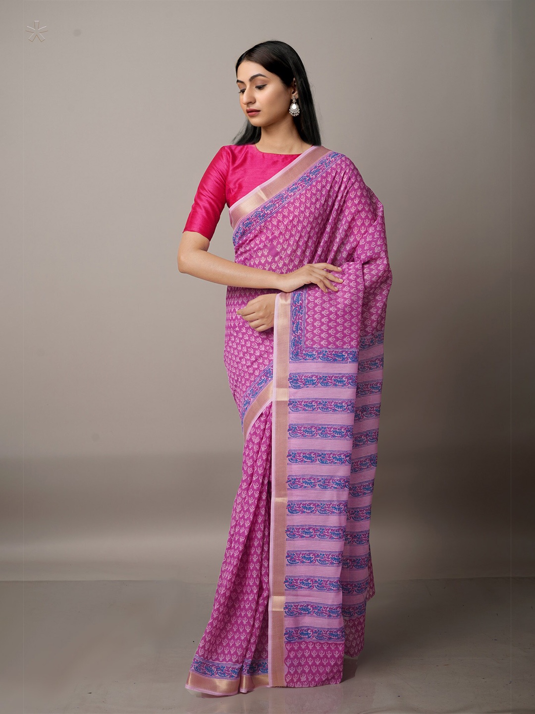 

Unnati Silks Pink & Gold-Toned Ethnic Motifs Zari Silk Cotton Chanderi Saree