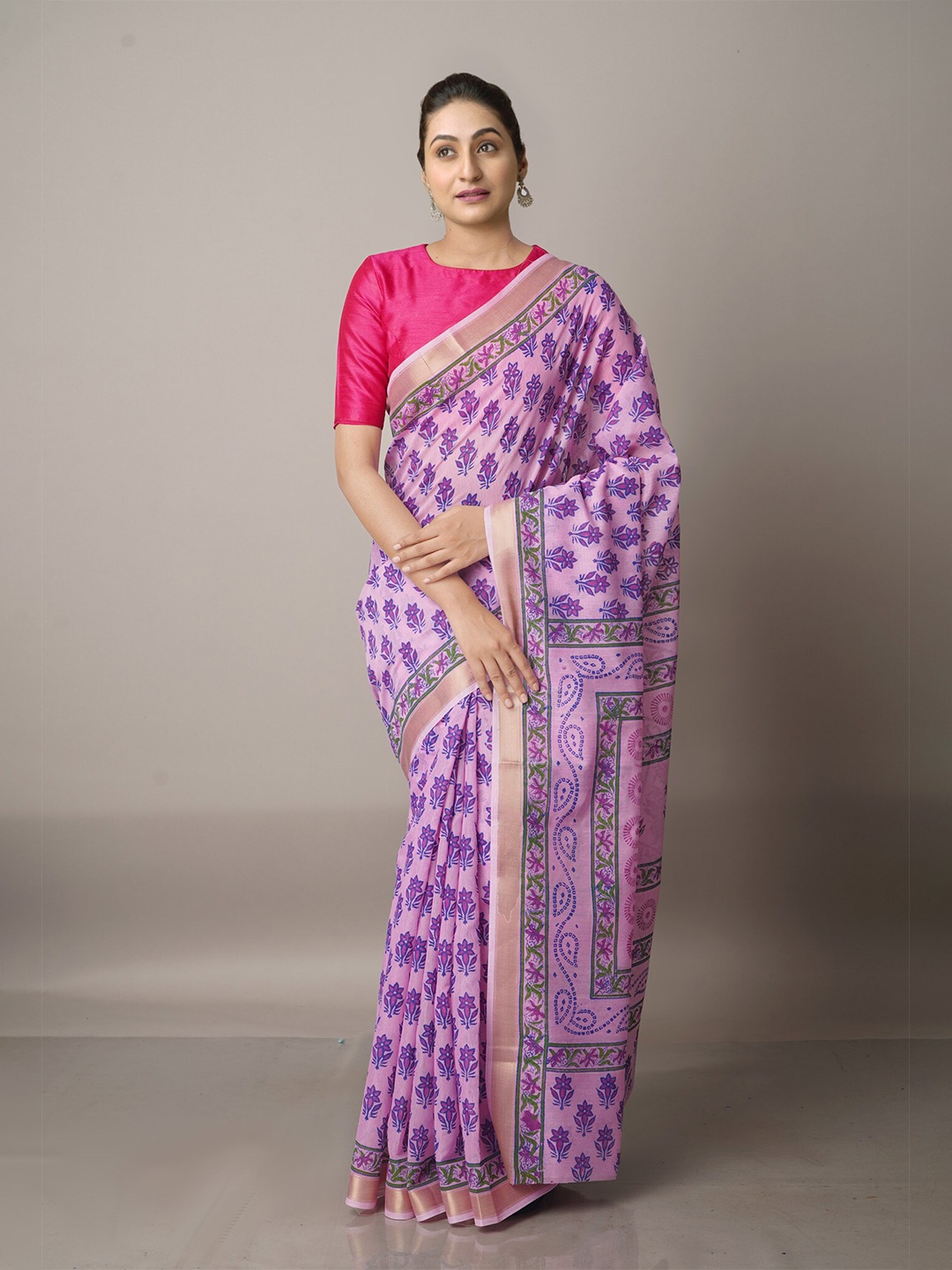 

Unnati Silks Pink & Gold-Toned Ethnic Motifs Zari Silk Cotton Chanderi Saree