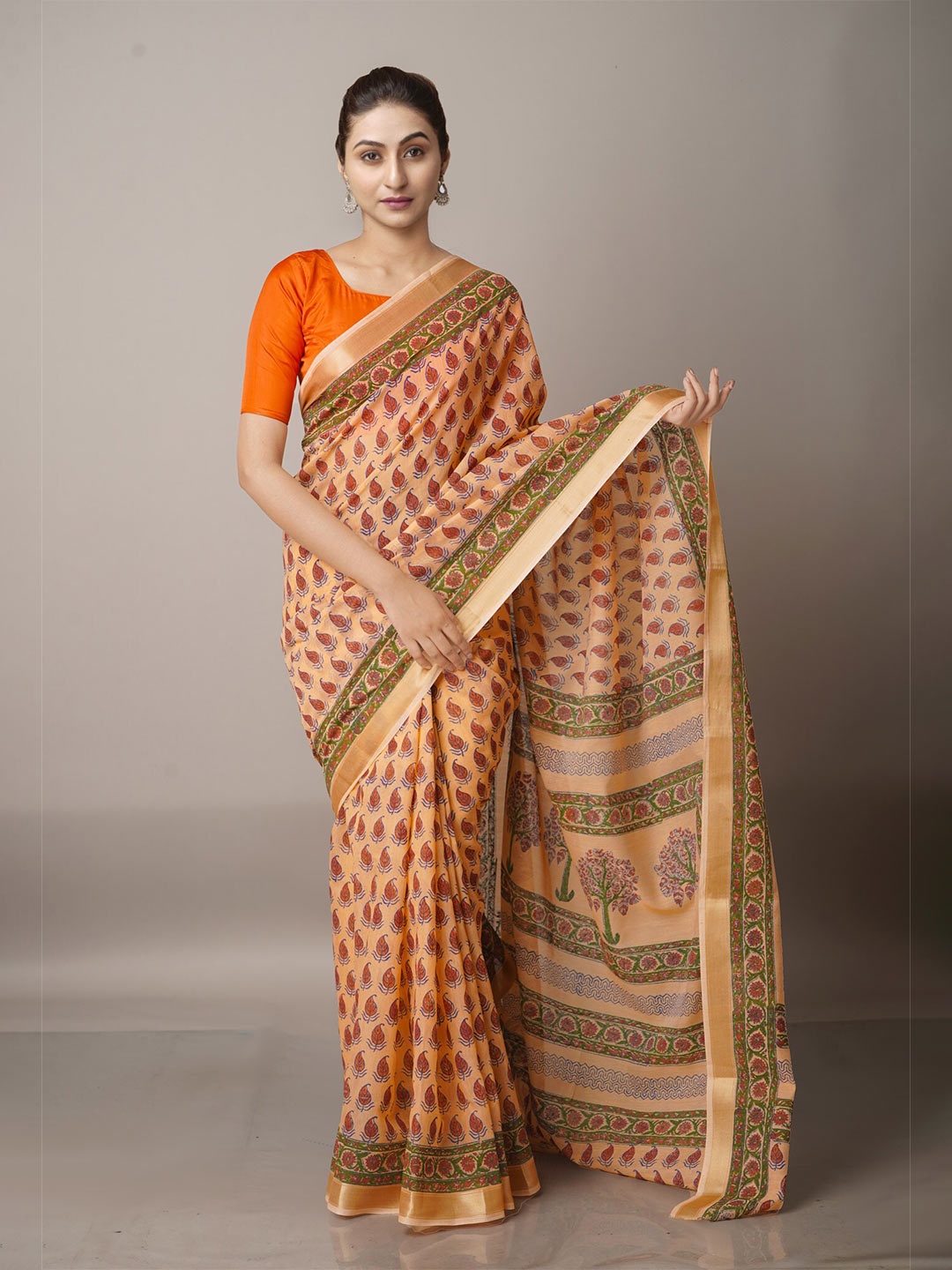 

Unnati Silks Orange & Red Ethnic Motifs Zari Silk Cotton Chanderi Saree