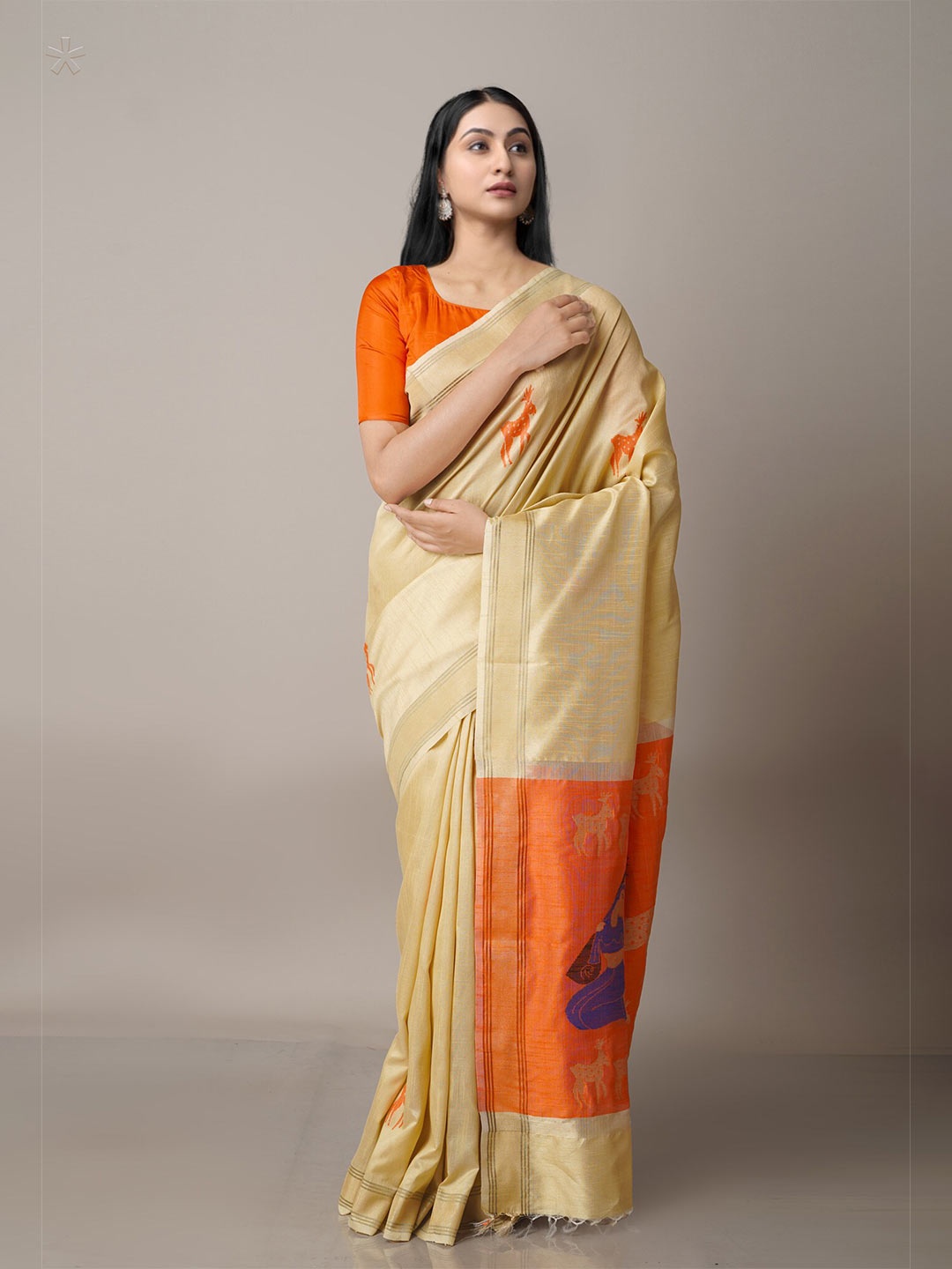 

Unnati Silks Cream-Coloured & Orange Ethnic Motifs Zari Silk Blend Baluchari Saree