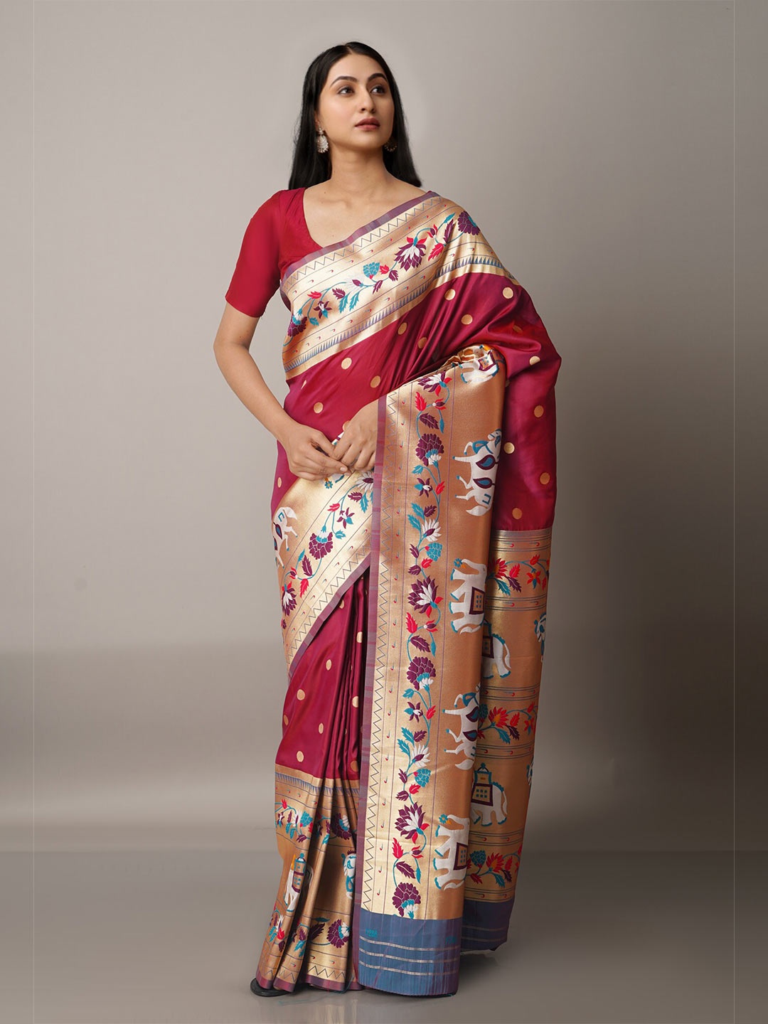 

Unnati Silks Maroon & Purple Ethnic Motifs Zari Silk Blend Paithani Saree