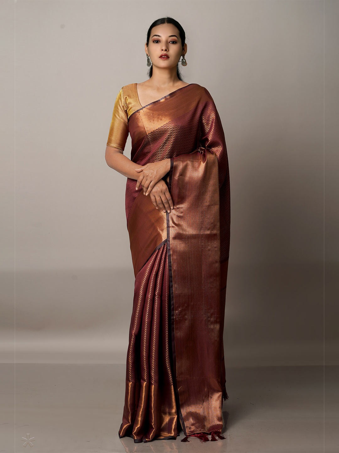 

Unnati Silks Purple & Copper-Toned Woven Design Zari Silk Blend Banarasi Saree