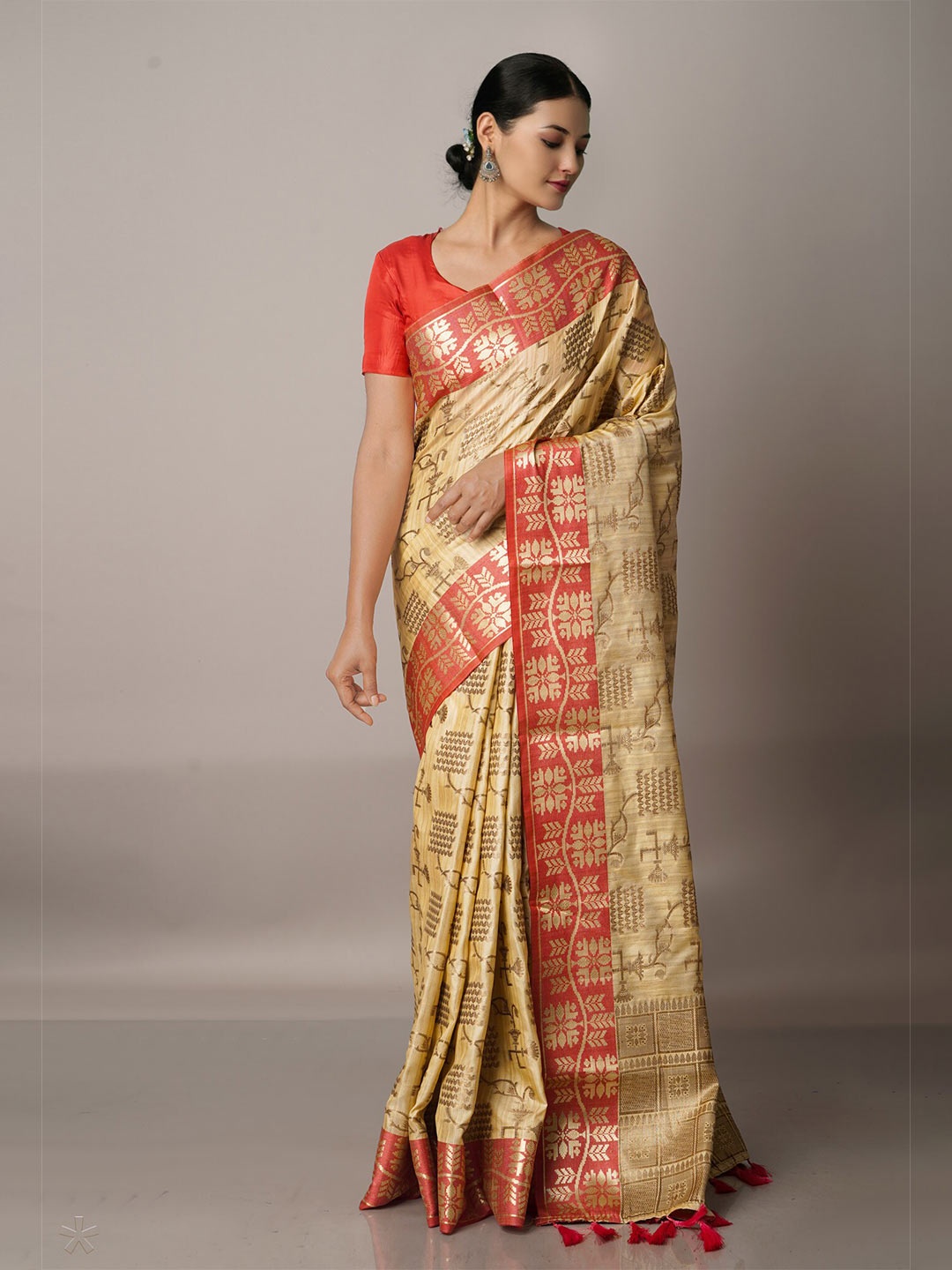 

Unnati Silks Cream-Coloured & Red Woven Design Zari Silk Blend Banarasi Saree