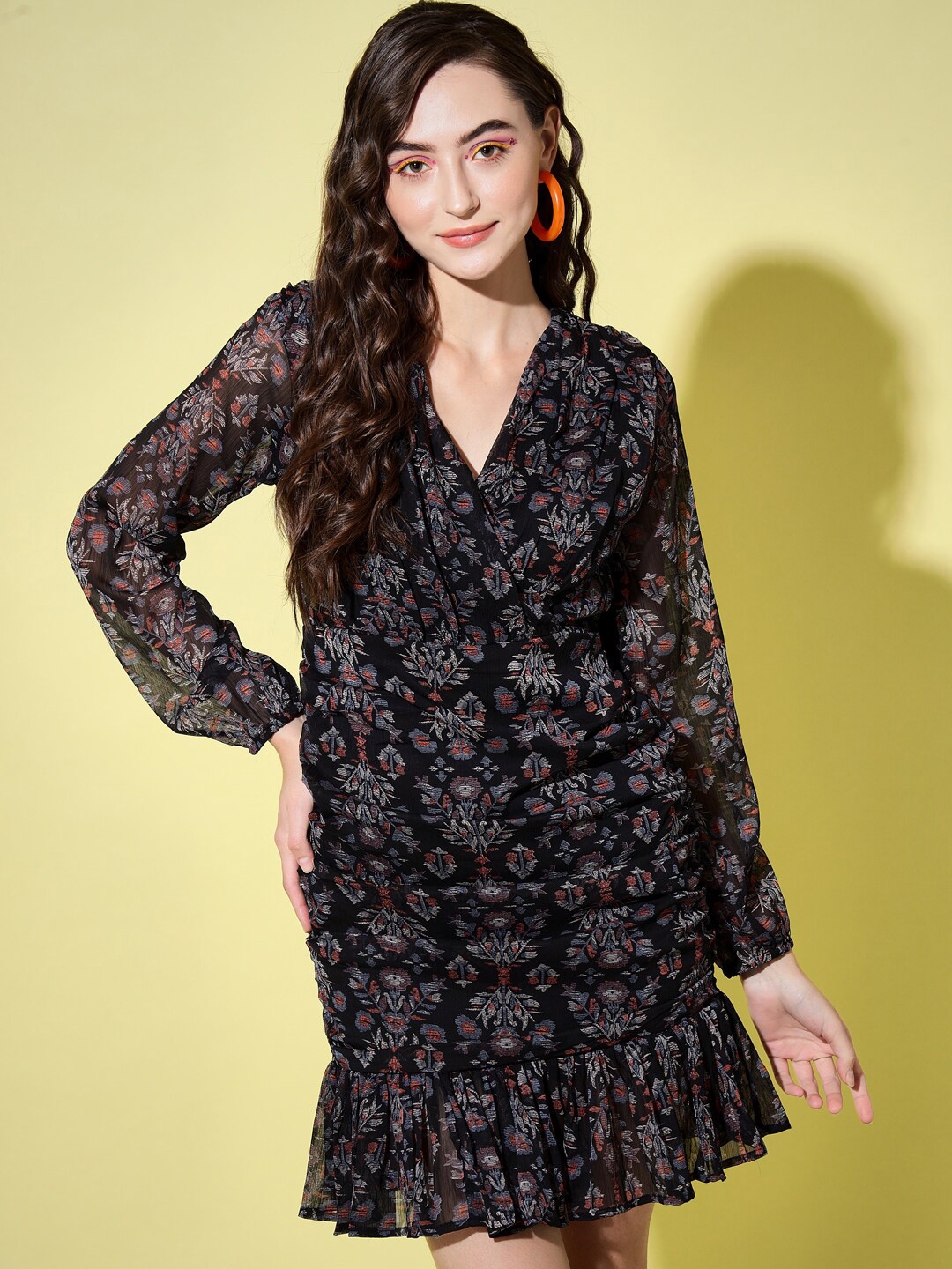 

Trend Arrest Black Floral Printed A-Line Ruching Dress