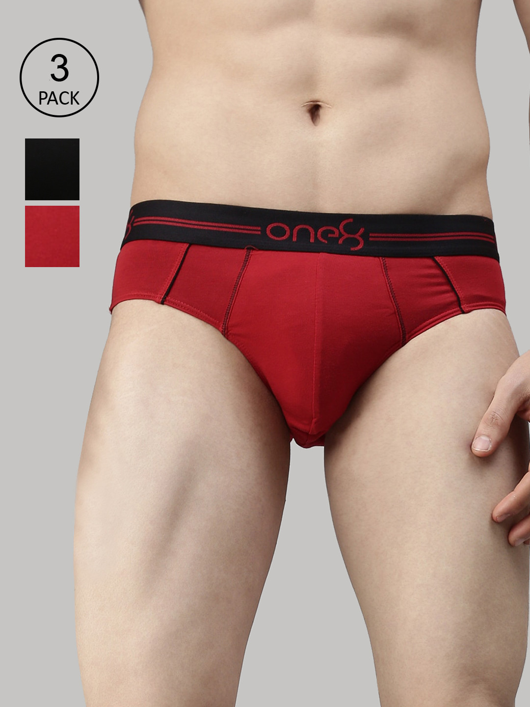 

one8 by Virat Kohli Men Black & Red Pack Of 3 Solid Basic Briefs