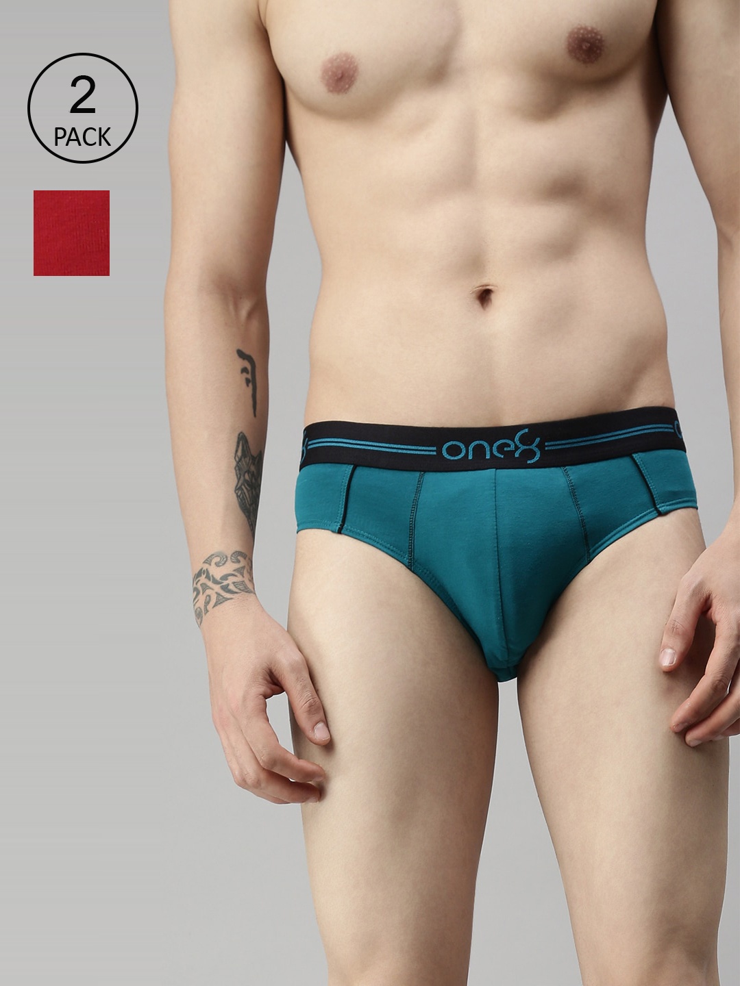 

one8 by Virat Kohli Men Pack Of 2 Red & Teal Green Solid Cotton Basic Briefs