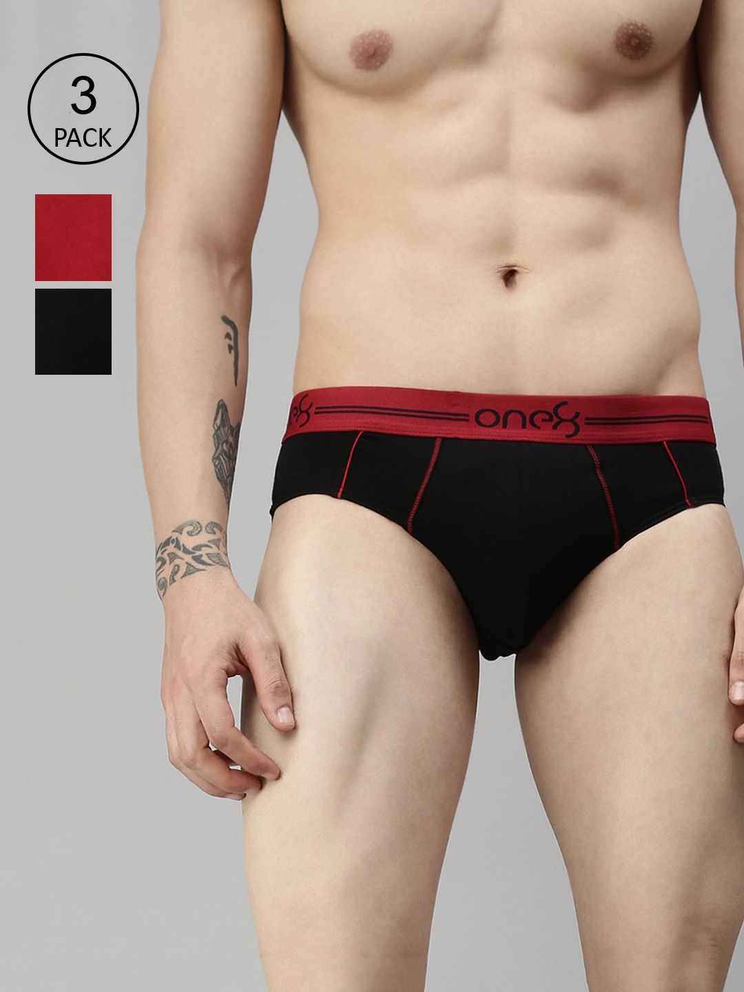 

one8 by Virat Kohli Men Pack Of 3 Red & Black Solid Basic Briefs