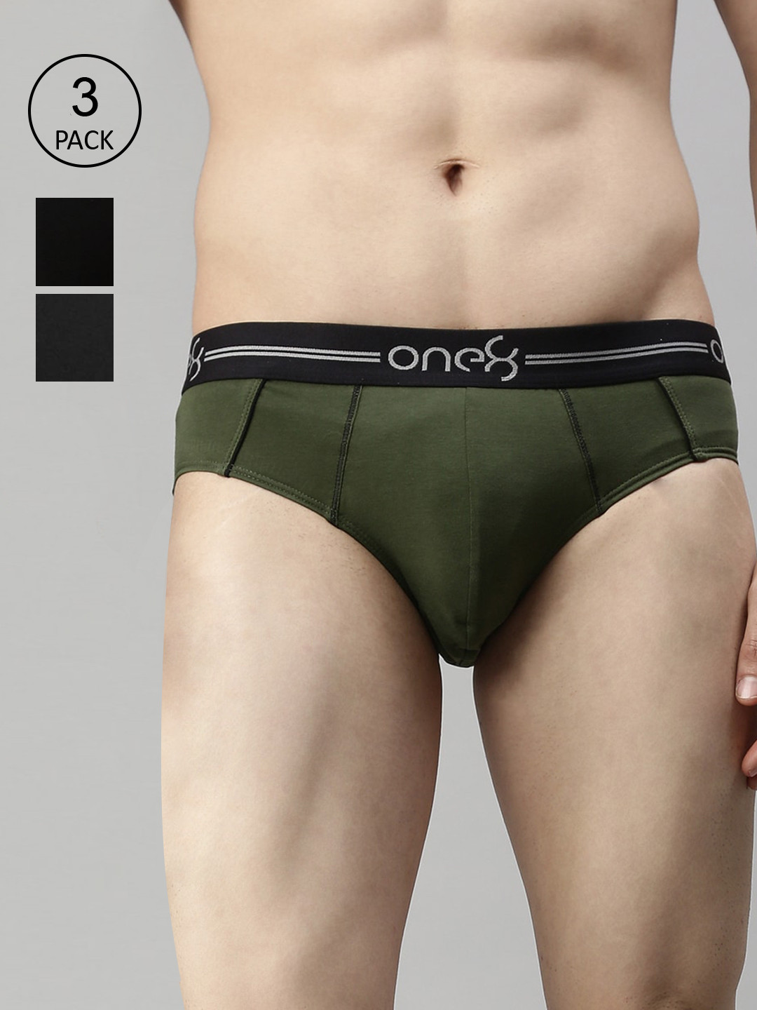

one8 by Virat Kohli Pack Of 3 Men Black & Olive Solid Cotton Briefs