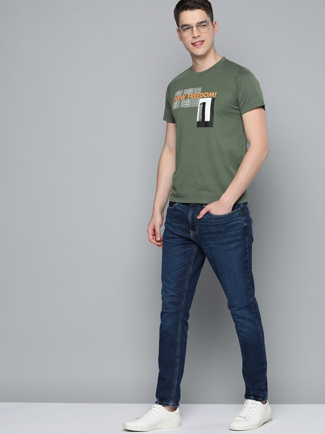 

Mast & Harbour Men Olive Green & White Typography Printed T-shirt