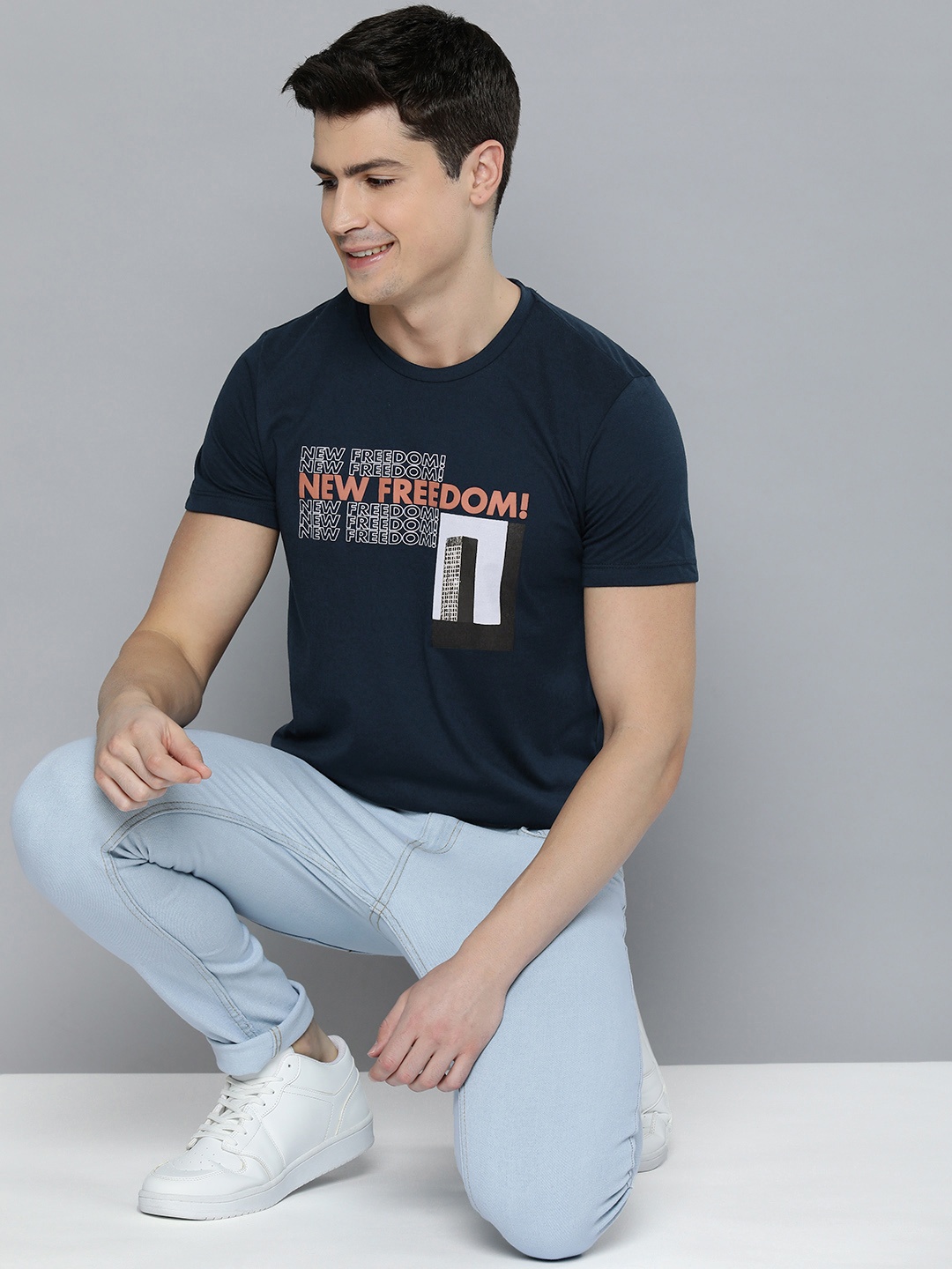 Mast & Harbour Men Navy Blue & Rust Typography Printed T-shirt