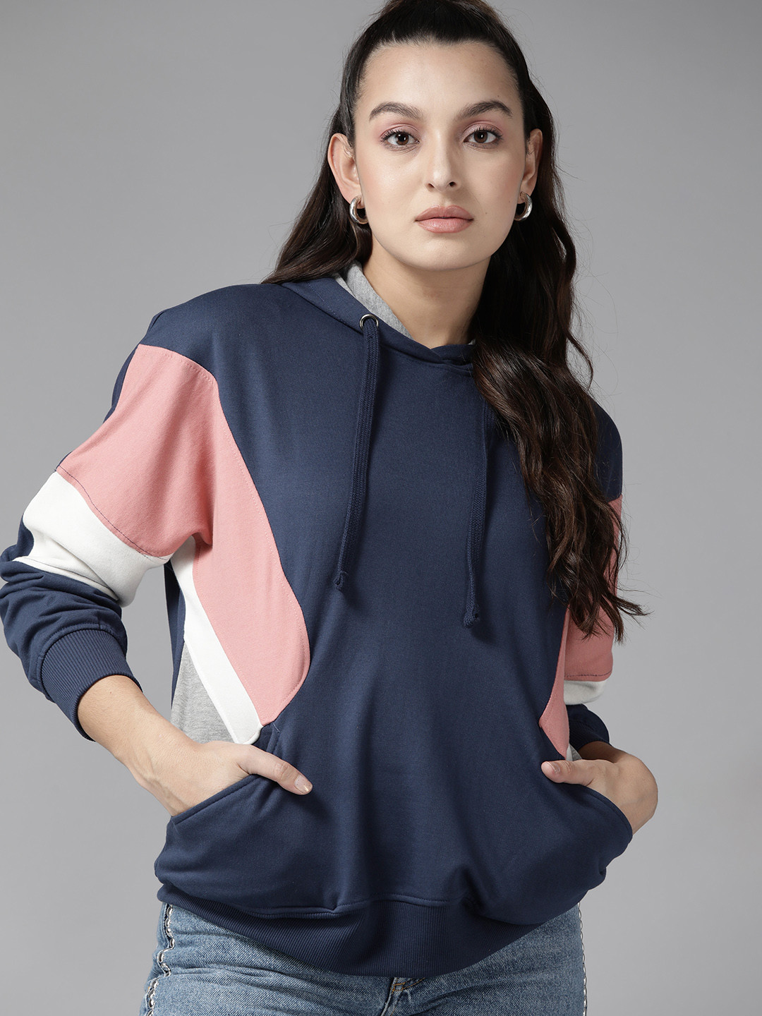 

Roadster Women Colourblocked Hooded Sweatshirt, Blue