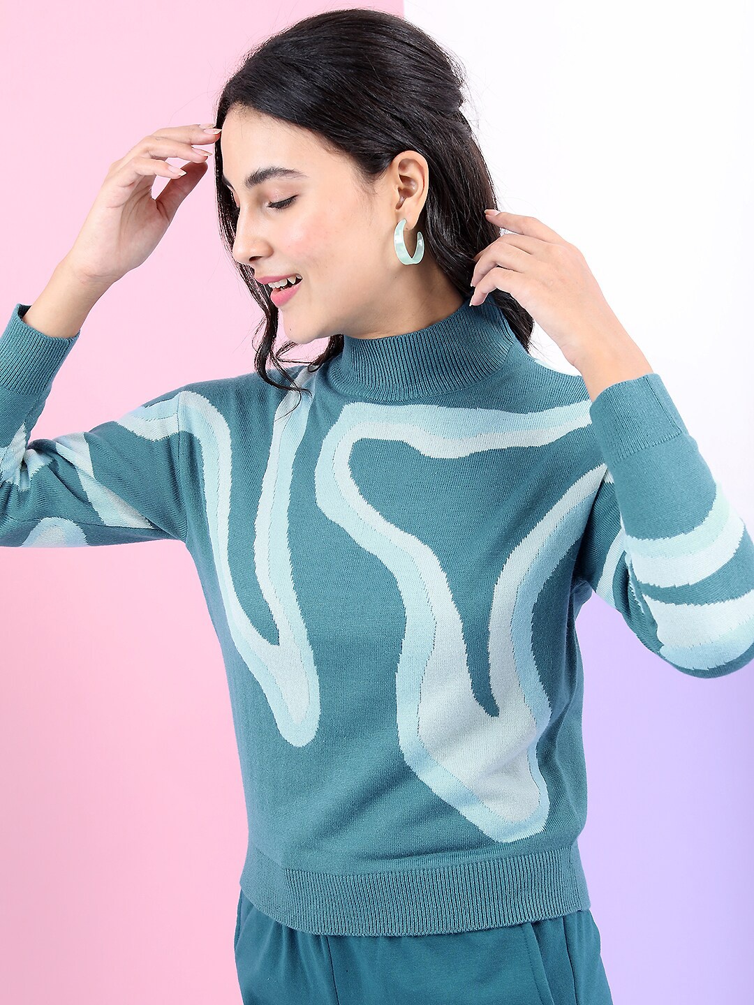 

Tokyo Talkies Women Teal Jacquard Pullover