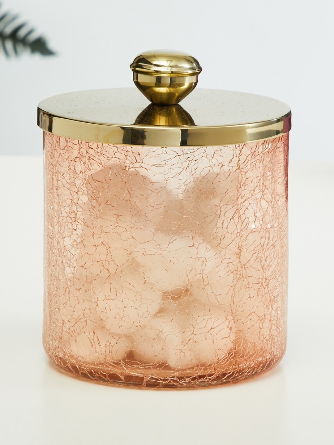 

Home Centre Peach Colored Textured Glass Cotton Storage Holder With Lid