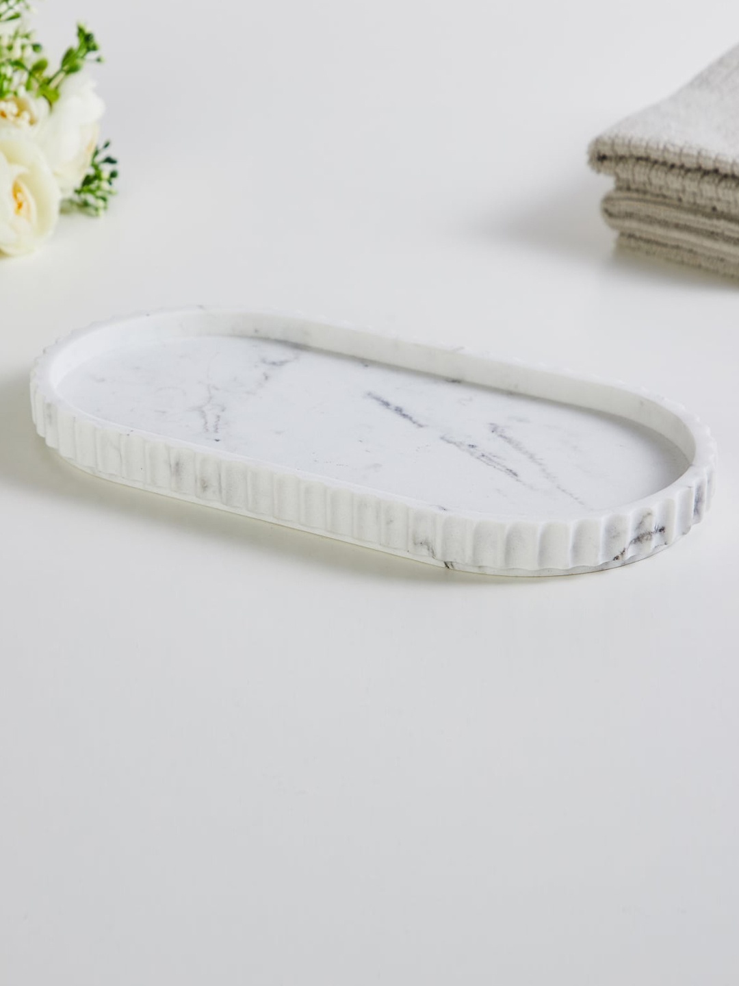 

Home Centre White Printed Polyresin Oval Soap Tray