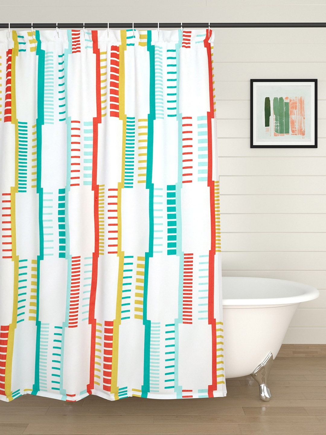 

Home Centre White Printed Shower Curtain with Hooks