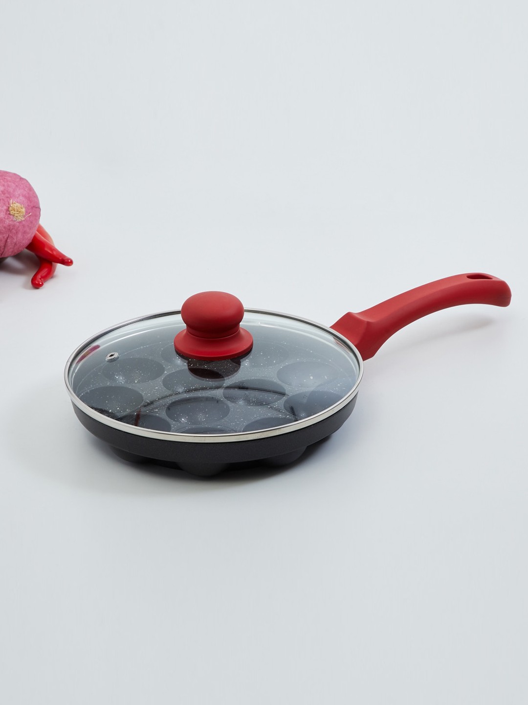 

Home Centre Bentle Dio Black & Red Aluminium Panniyaram Pan with Glass Lid