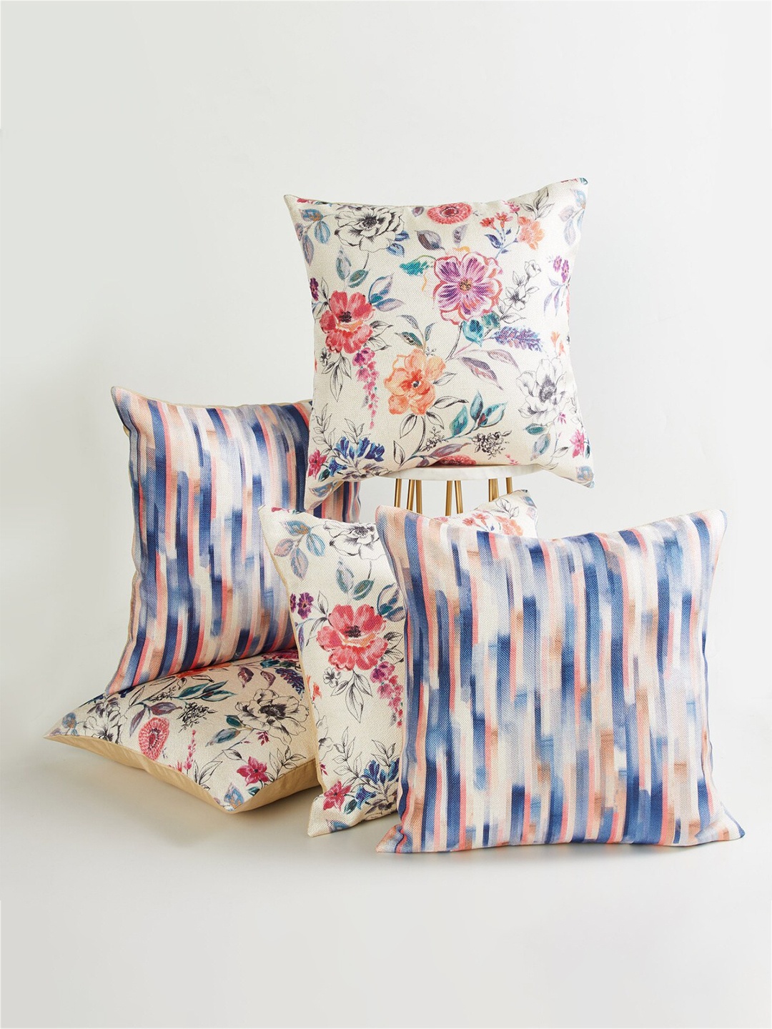 

Home Centre Cream-Coloured & Pink Set of 5 Floral Square Cushion Covers