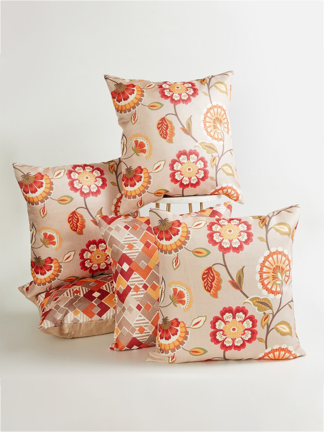 

Home Centre Beige & Red Set of 5 Floral Square Cushion Covers