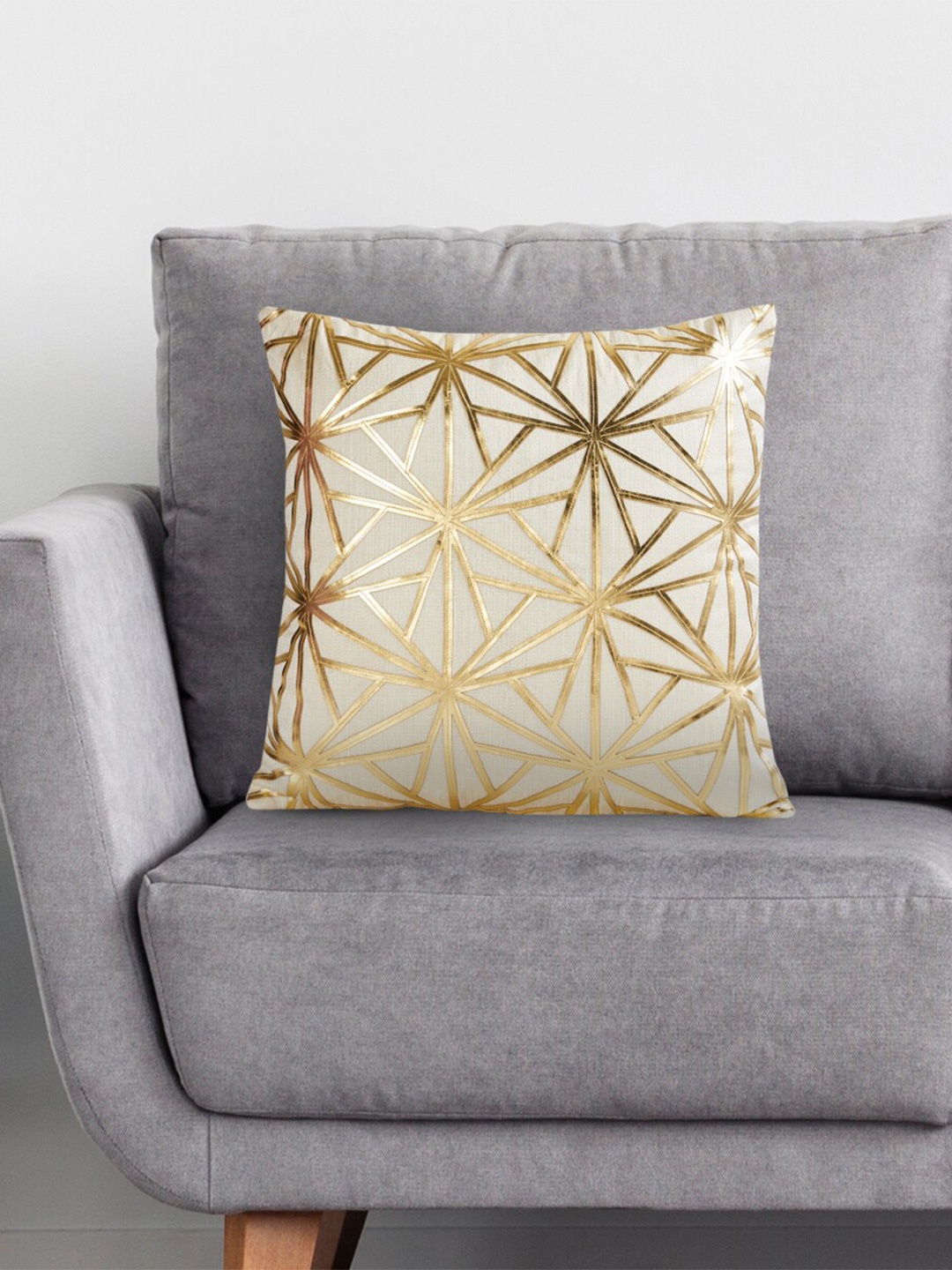 

Home Centre Cream-Coloured & Gold-Toned Geometric Square Cushion Covers