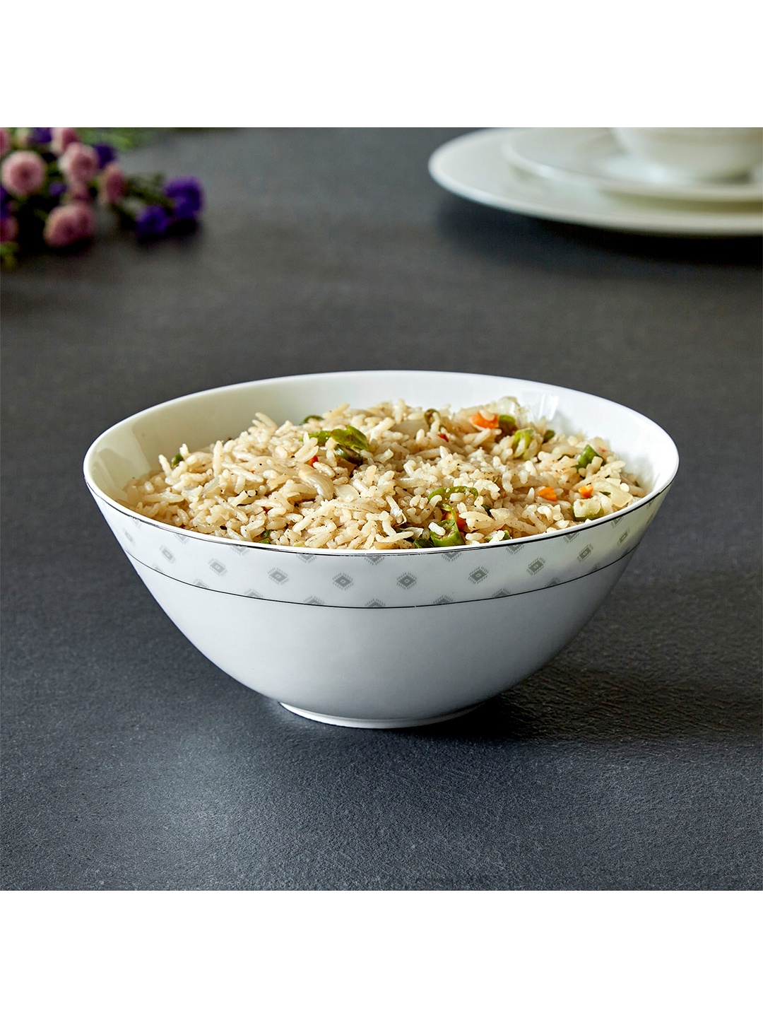 

Home Centre White & Grey 1 Pieces Printed Bone China Glossy Bowls