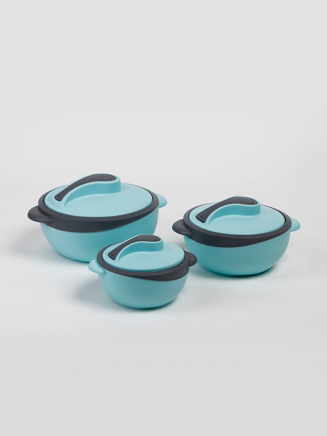 

Home Centre Set Of 3 Grey & Blue Stainless Steel Casserole Serveware