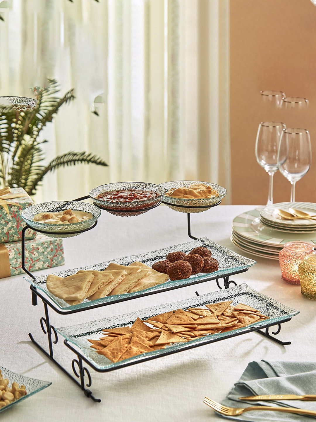 

Home Centre 6 Pcs Transparent Glass Set of 3 Tier Serving Platter Set with Iron Stand