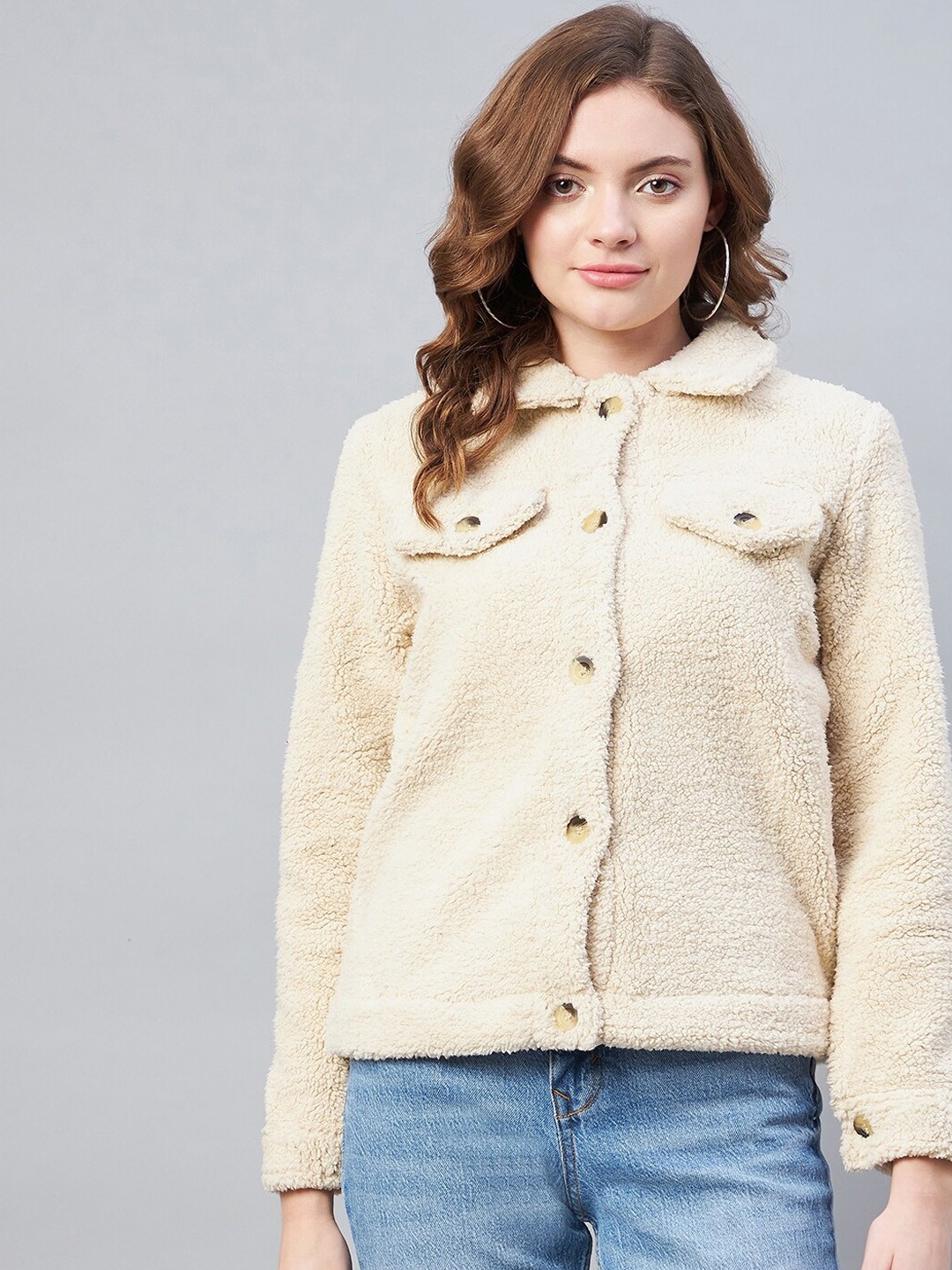

StyleStone Women Cream-Coloured Fleece Lightweight Outdoor Tailored Jacket