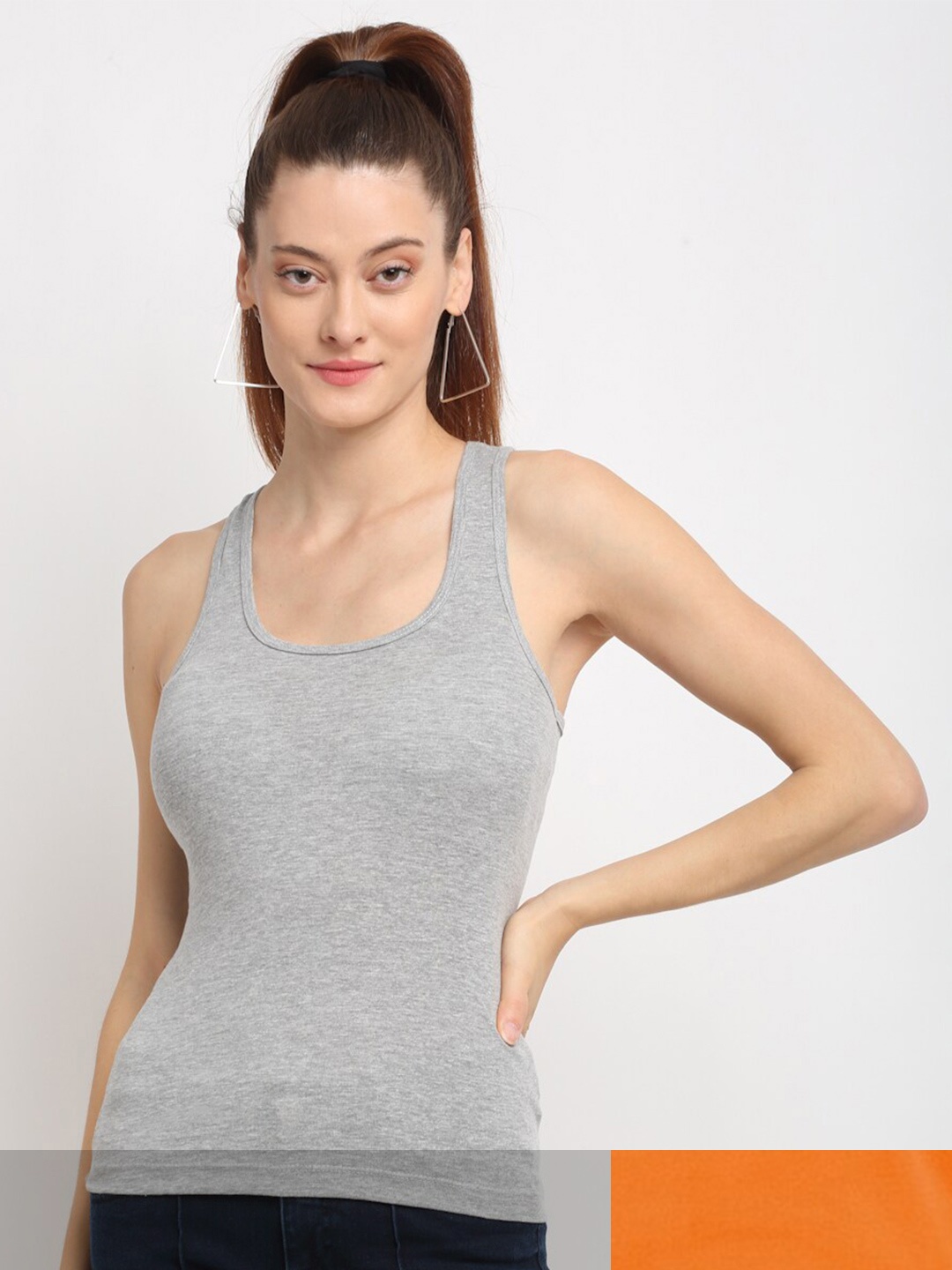 

Friskers Women Grey & Orange Pack Of 2 Tank Top
