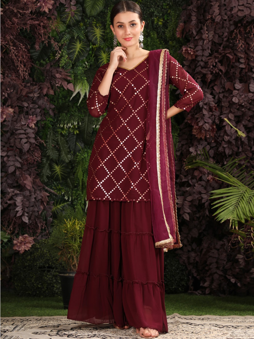 

KALINI Women Purple Embroidered Mirror Work Kurti with Sharara & With Dupatta
