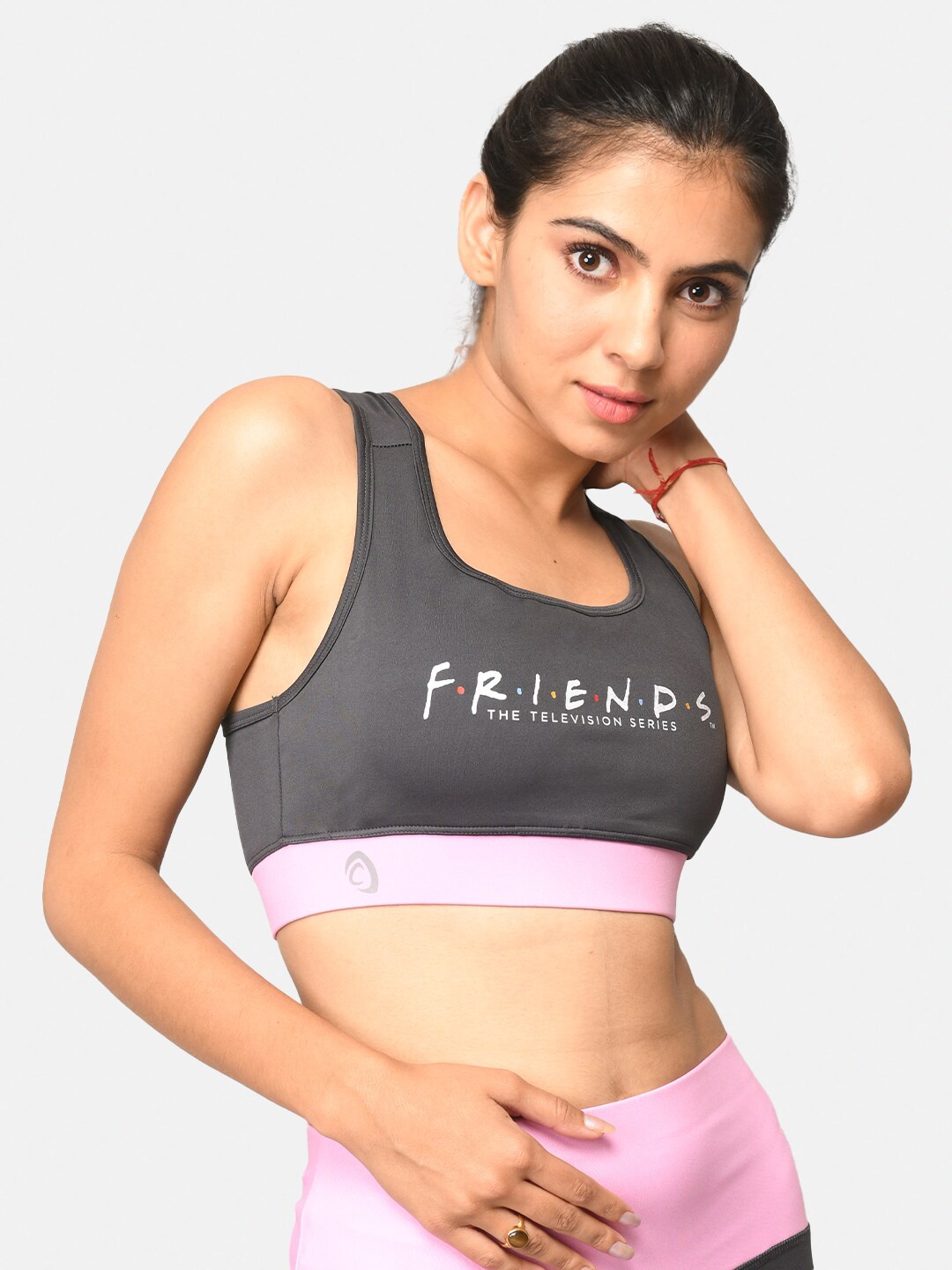 

Athlizur Official F.R.I.E.N.D.S Logo Print Racerback Sports Bra, Grey