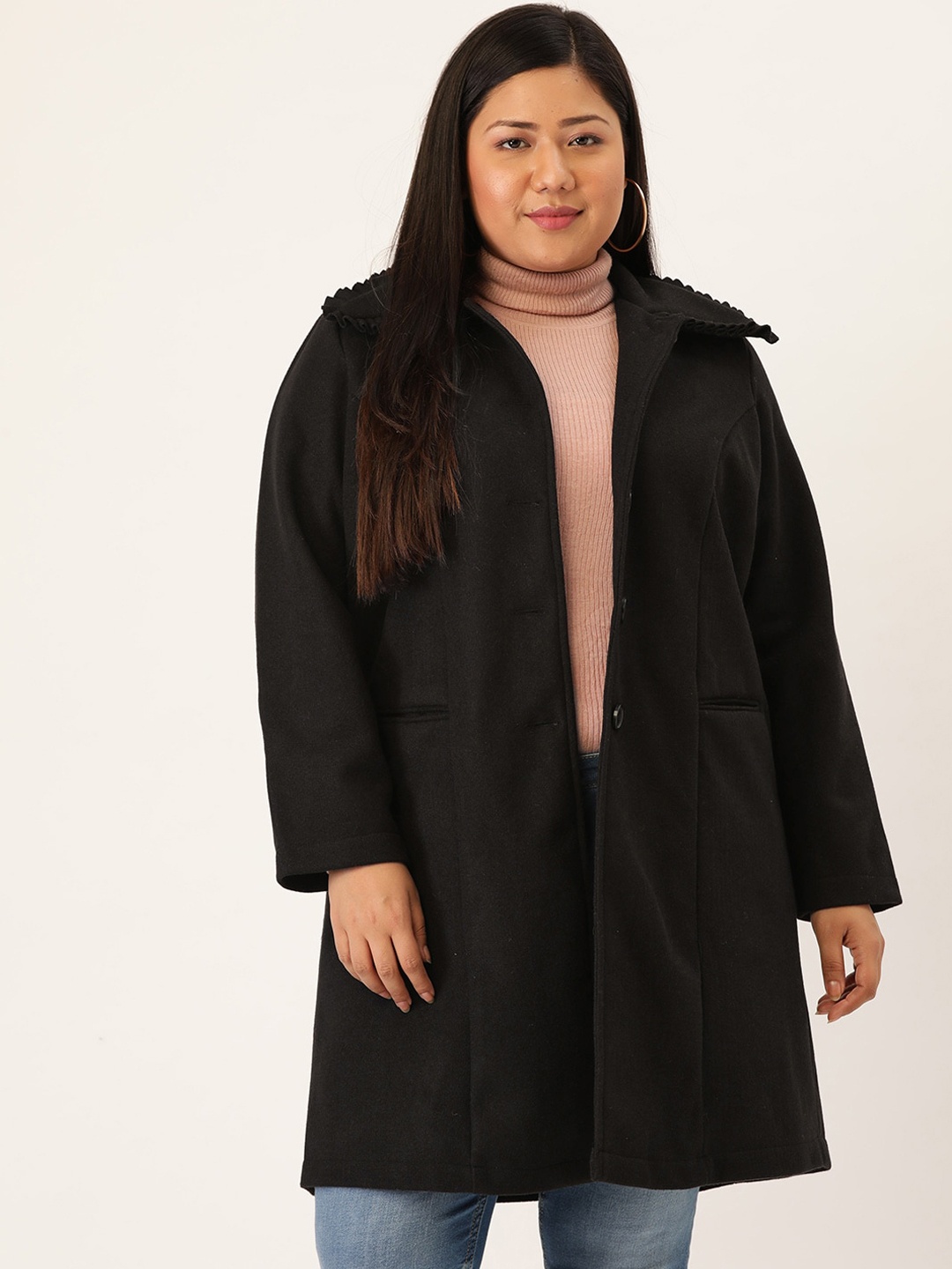 

theRebelinme Women Plus Size Black Solid Longline Over Coat