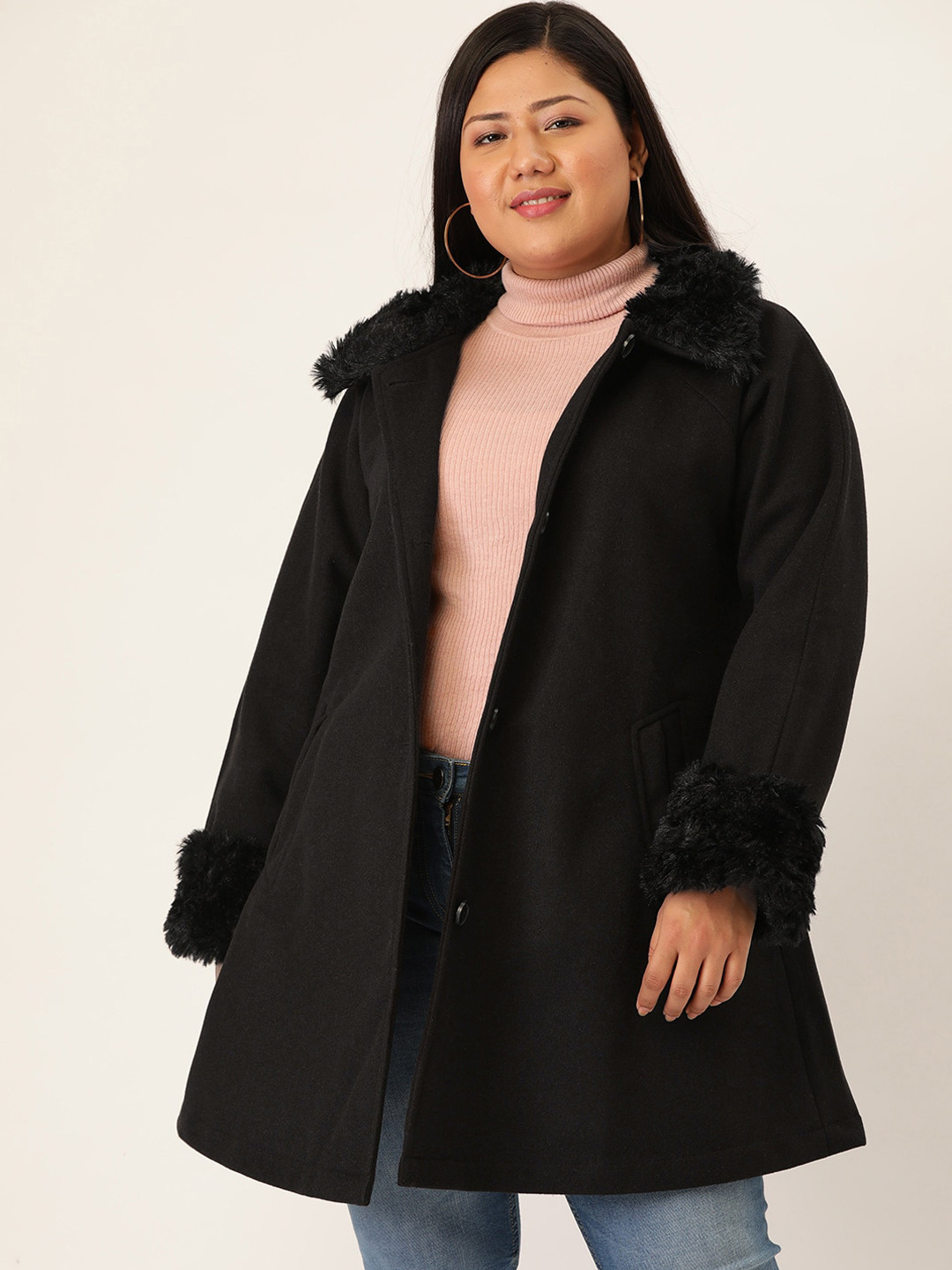 

theRebelinme Women Plus Size Black Longline Faux Fur Overcoat