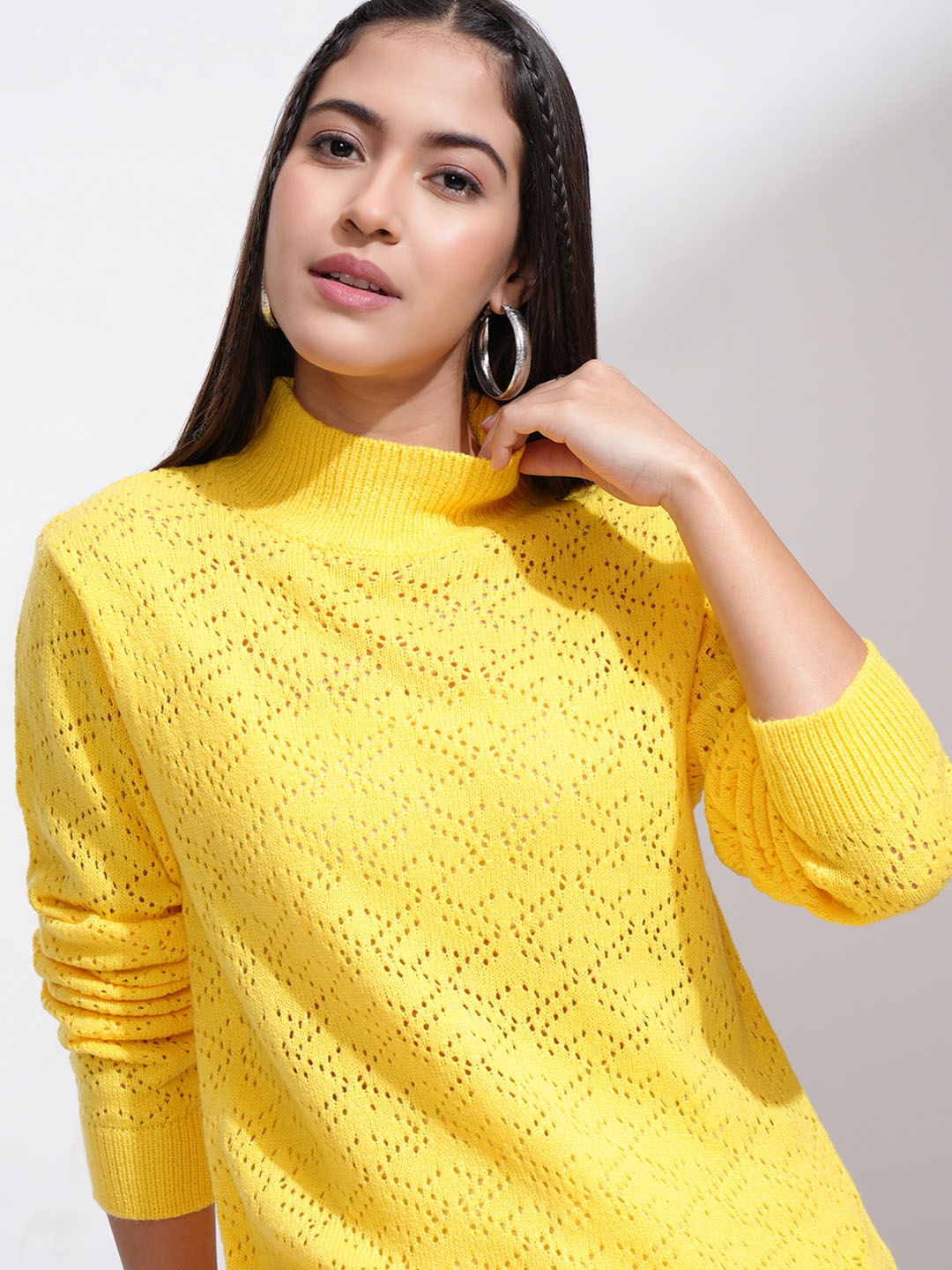 

Tokyo Talkies Women Yellow Solid High Neck Long Sleeve Pullover