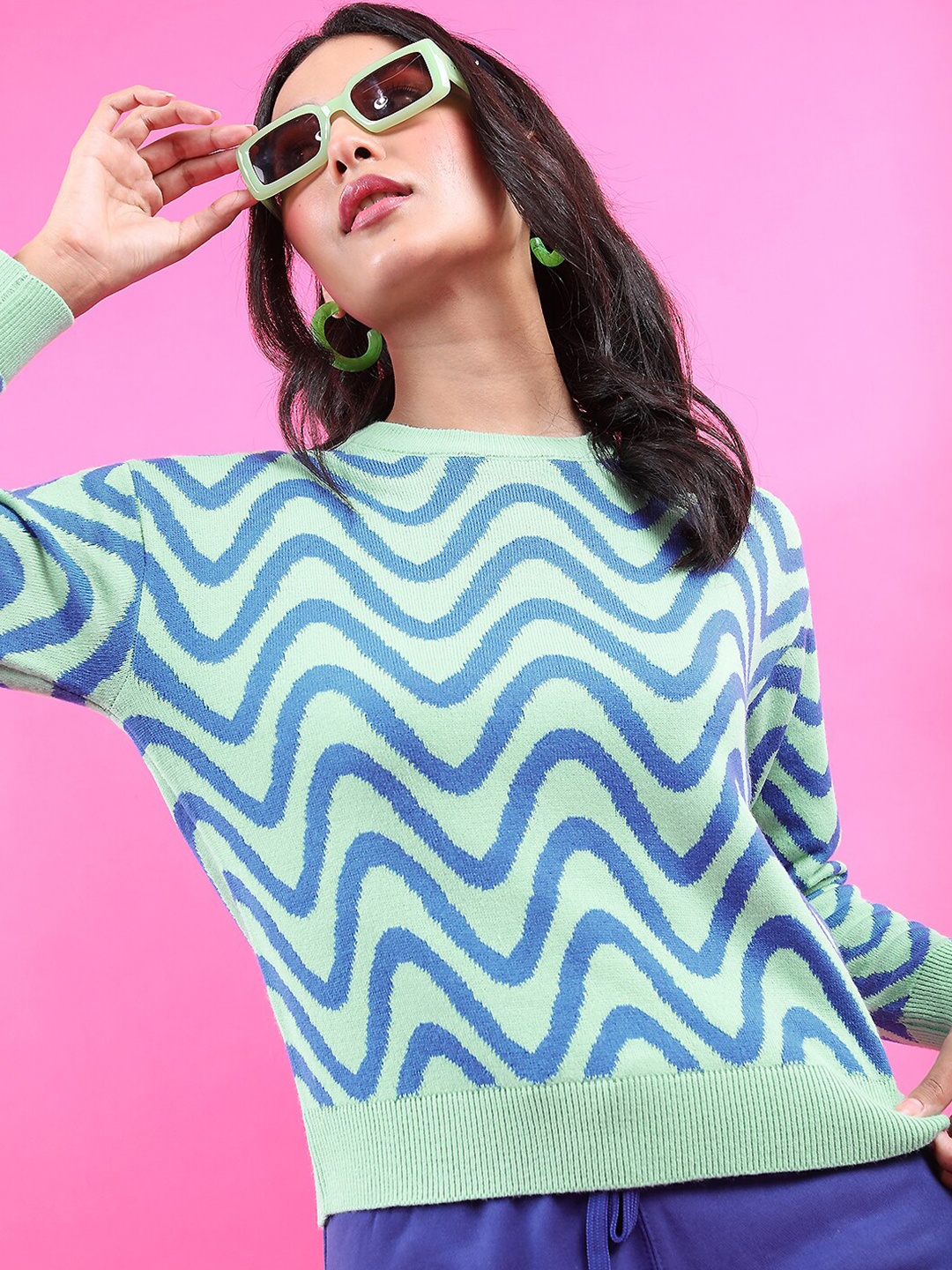 

Tokyo Talkies Women Blue & Green Geometric Jacquard Acrylic Sweater